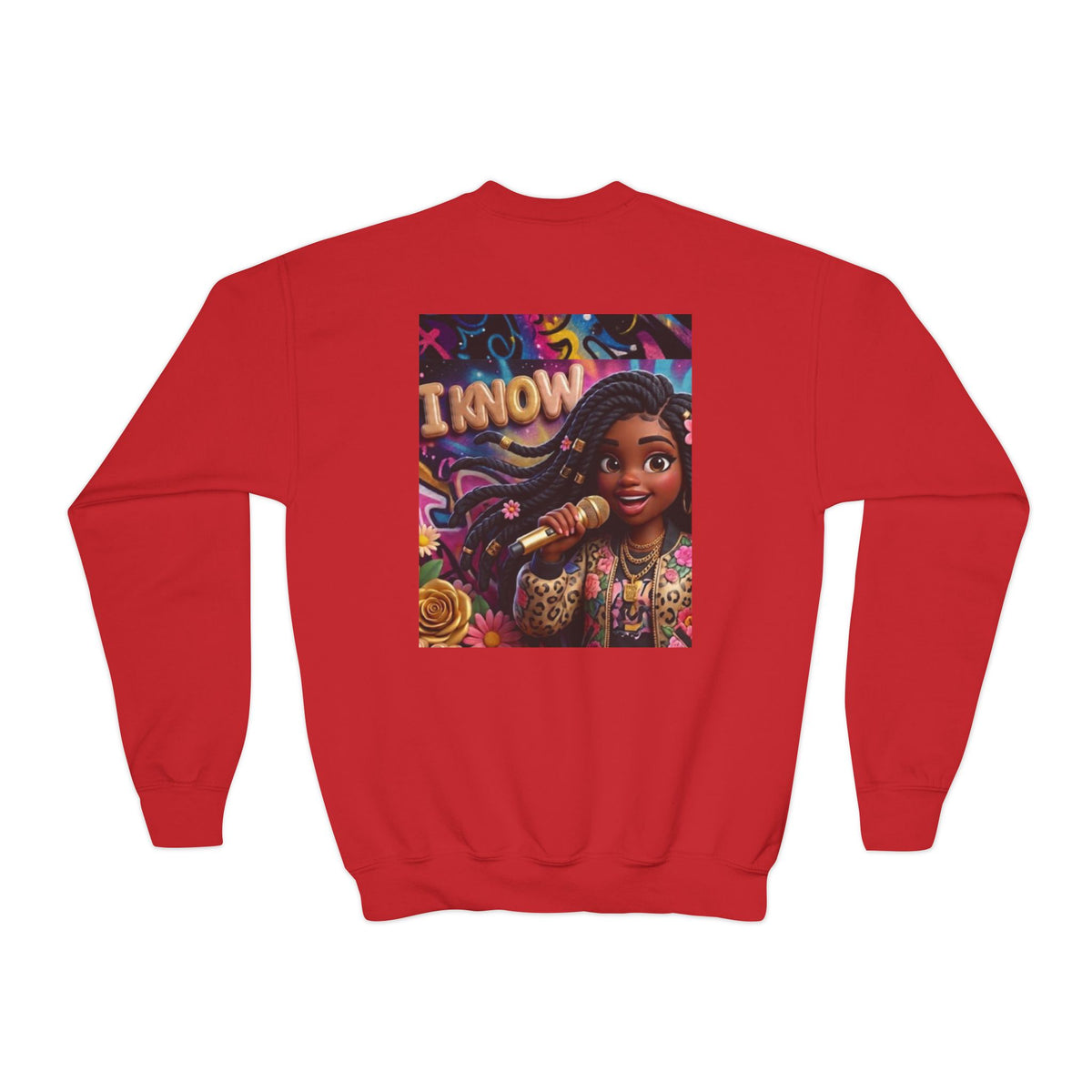 Youth Crewneck Sweatshirt – Colorful “I Know” Singer Character Design