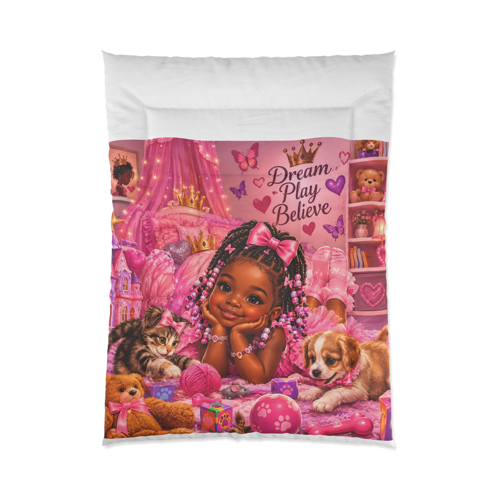 Dream Play Believe Comforter — Pink Princess Kids Bedding with Puppy & Cat