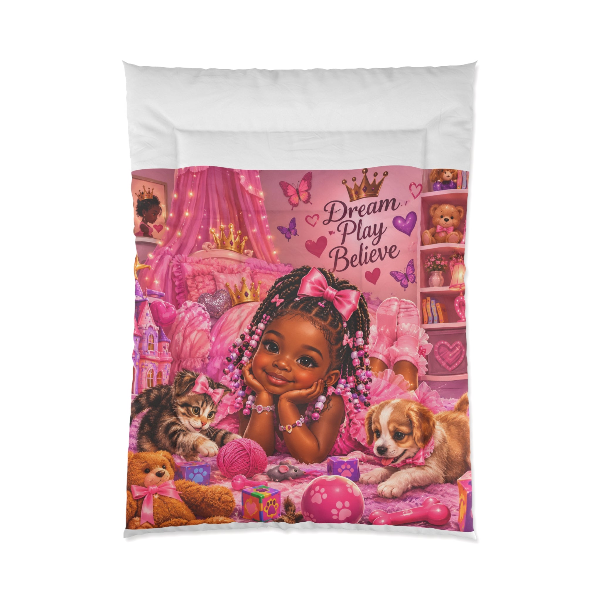 Dream Play Believe Comforter — Pink Princess Kids Bedding with Puppy & Cat