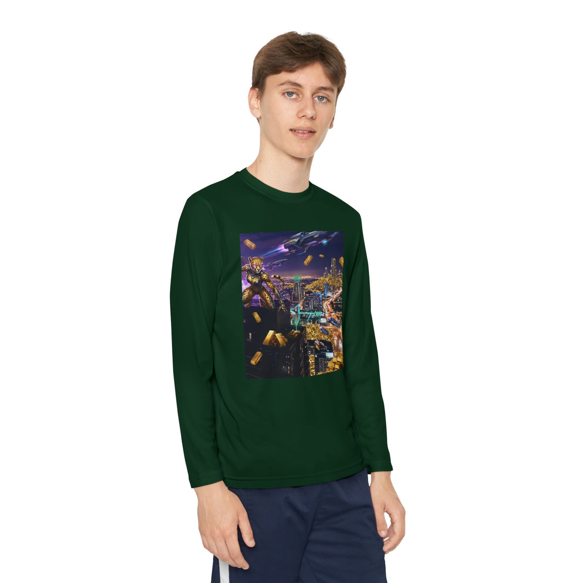 Youth Long Sleeve Tee – Colorful Night Cityscape Graphic Shirt