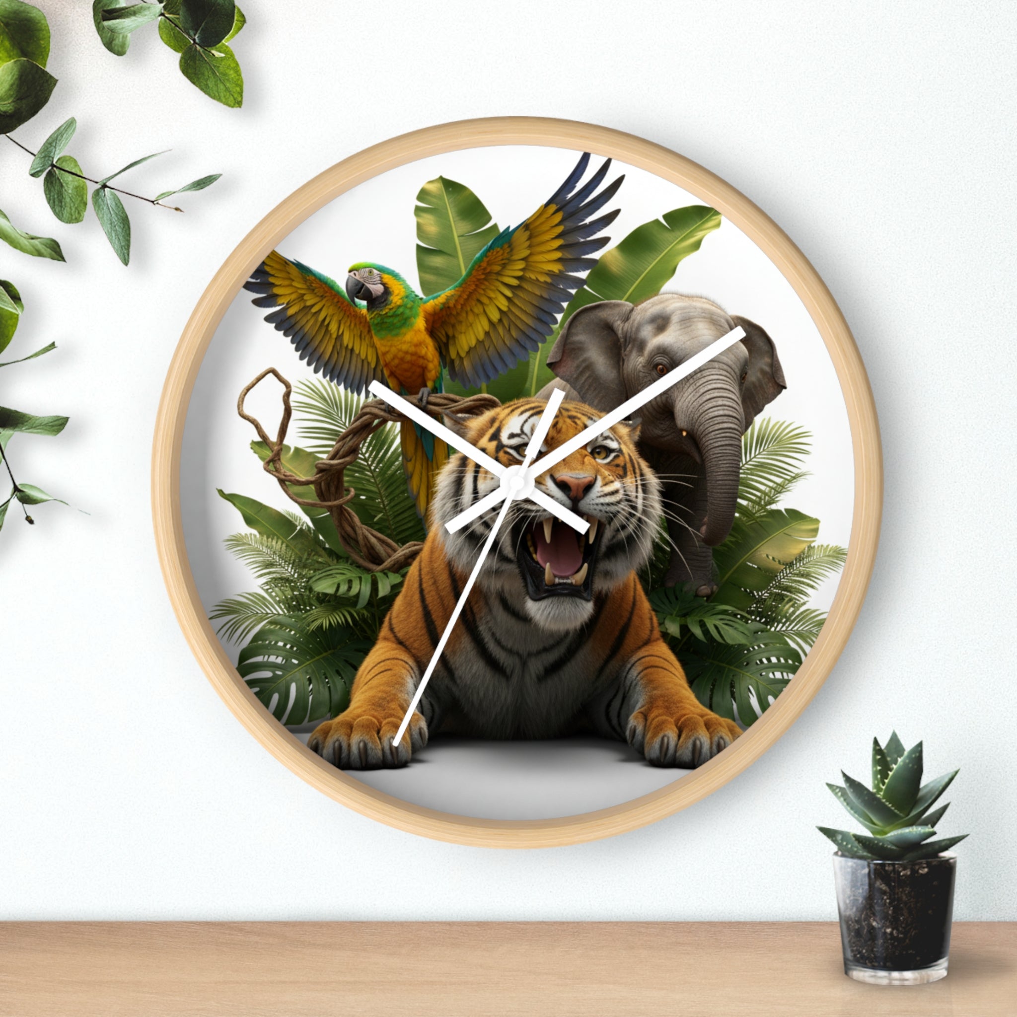 Jungle Animals Wall Clock — Tiger, Elephant & Parrot Safari Nursery Decor