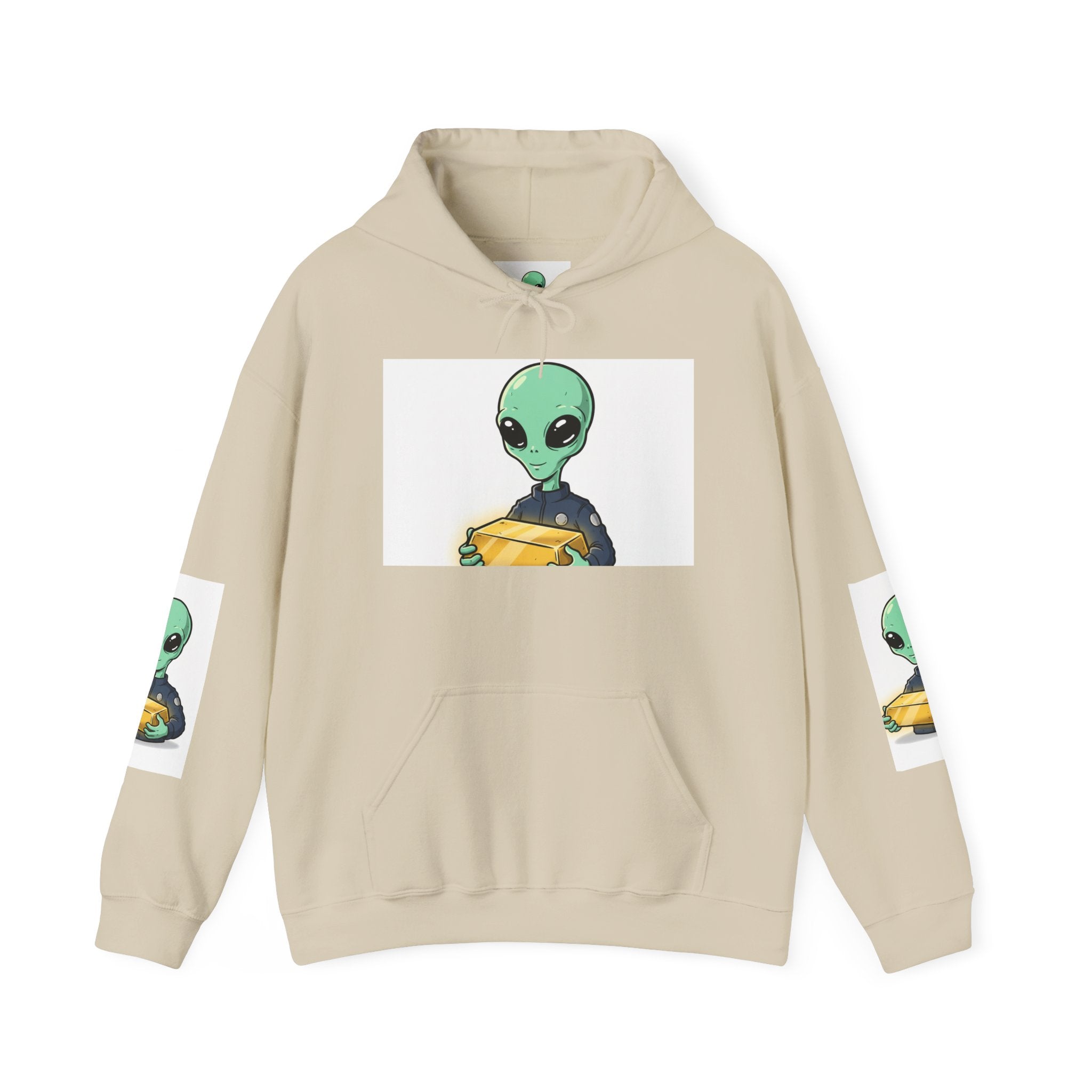 Alien Holding Gold Hoodie — "WE ARE HERE!!" Graphic Sweatshirt