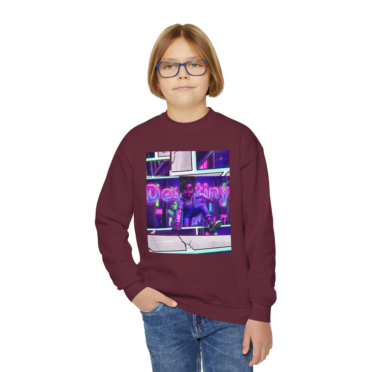 Youth “Destiny” Retro Neon Graphic Crewneck Sweatshirt