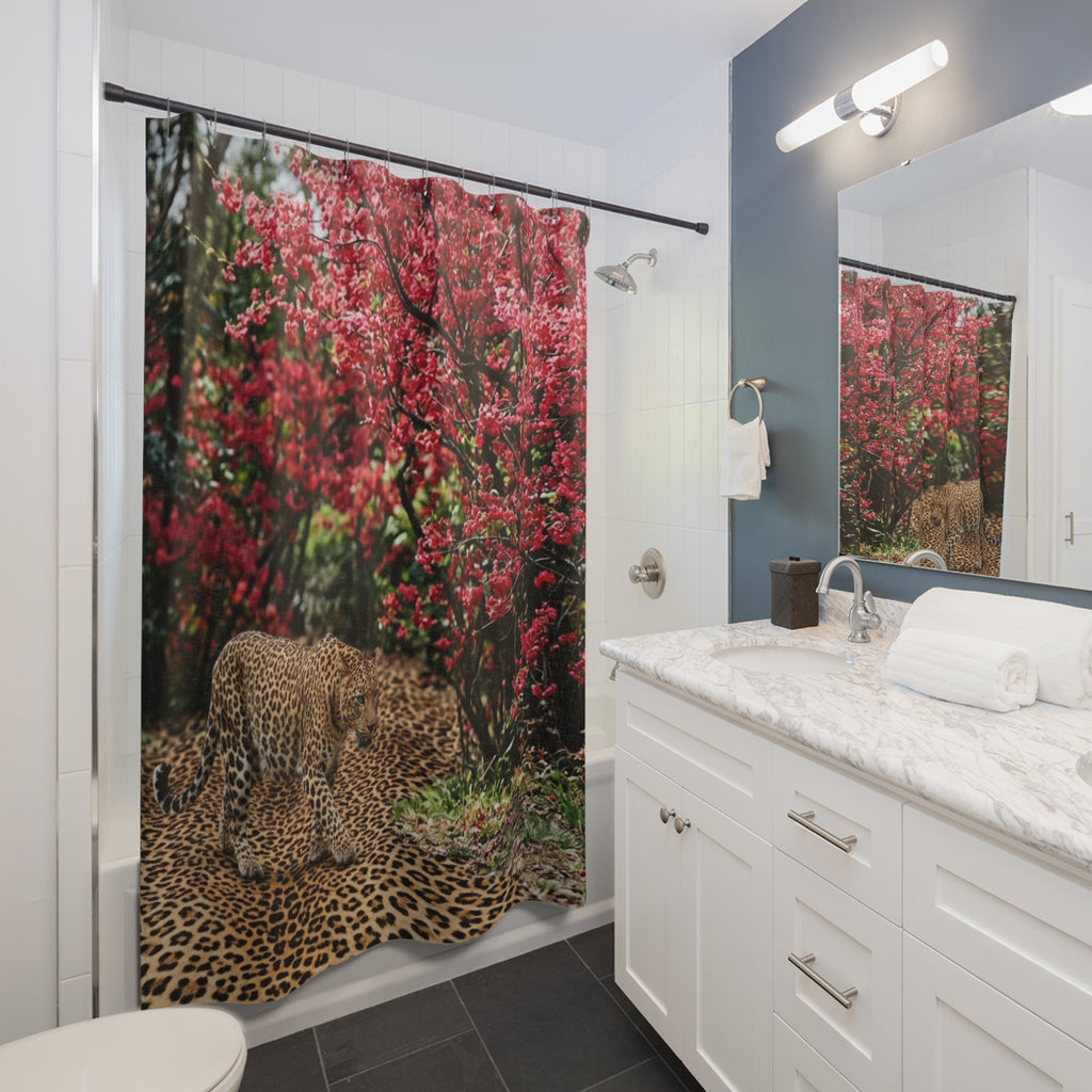Leopard in Red Blossom Forest Shower Curtain