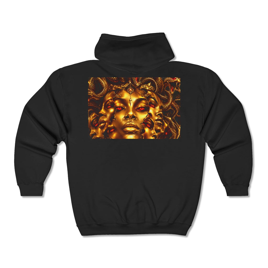 Medusa Gold Face Zip Hoodie — Mythic Snake Hair Art Zip-Up Sweatshirt