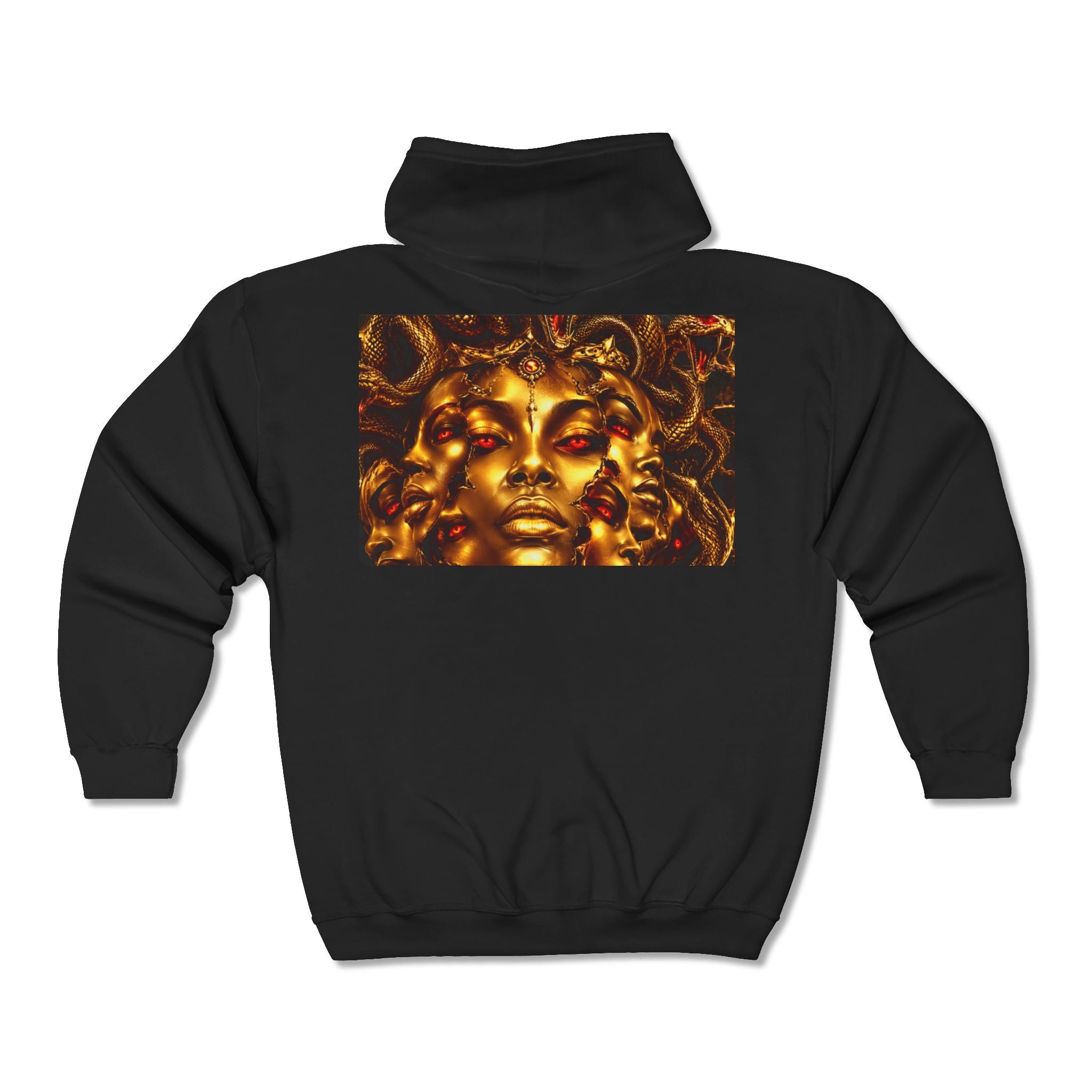 Medusa Gold Face Zip Hoodie — Mythic Snake Hair Art Zip-Up Sweatshirt