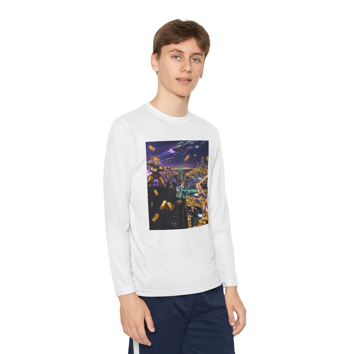 Youth Long Sleeve Tee – Colorful Night Cityscape Graphic Shirt