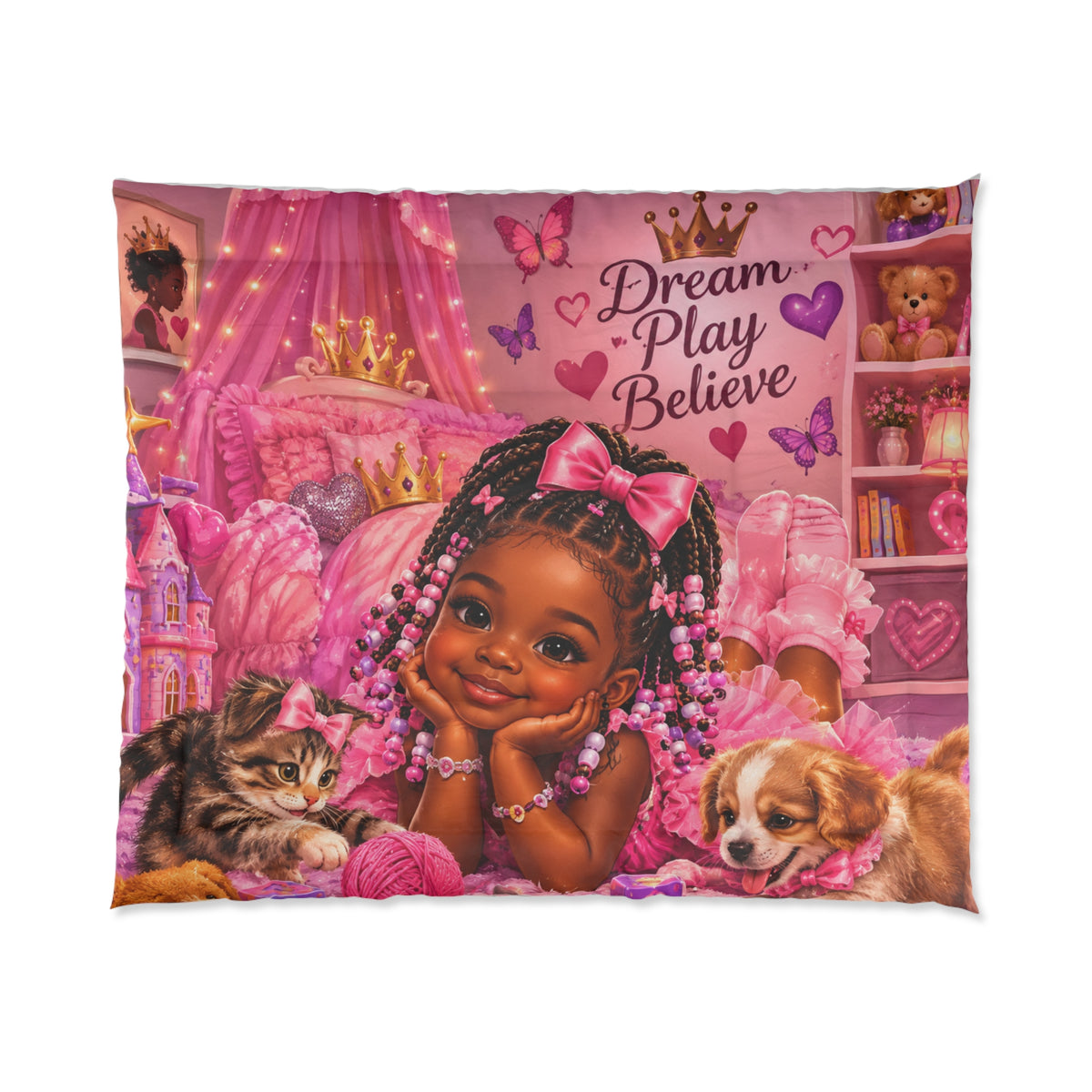 Dream Play Believe Comforter — Pink Princess Kids Bedding with Puppy & Cat