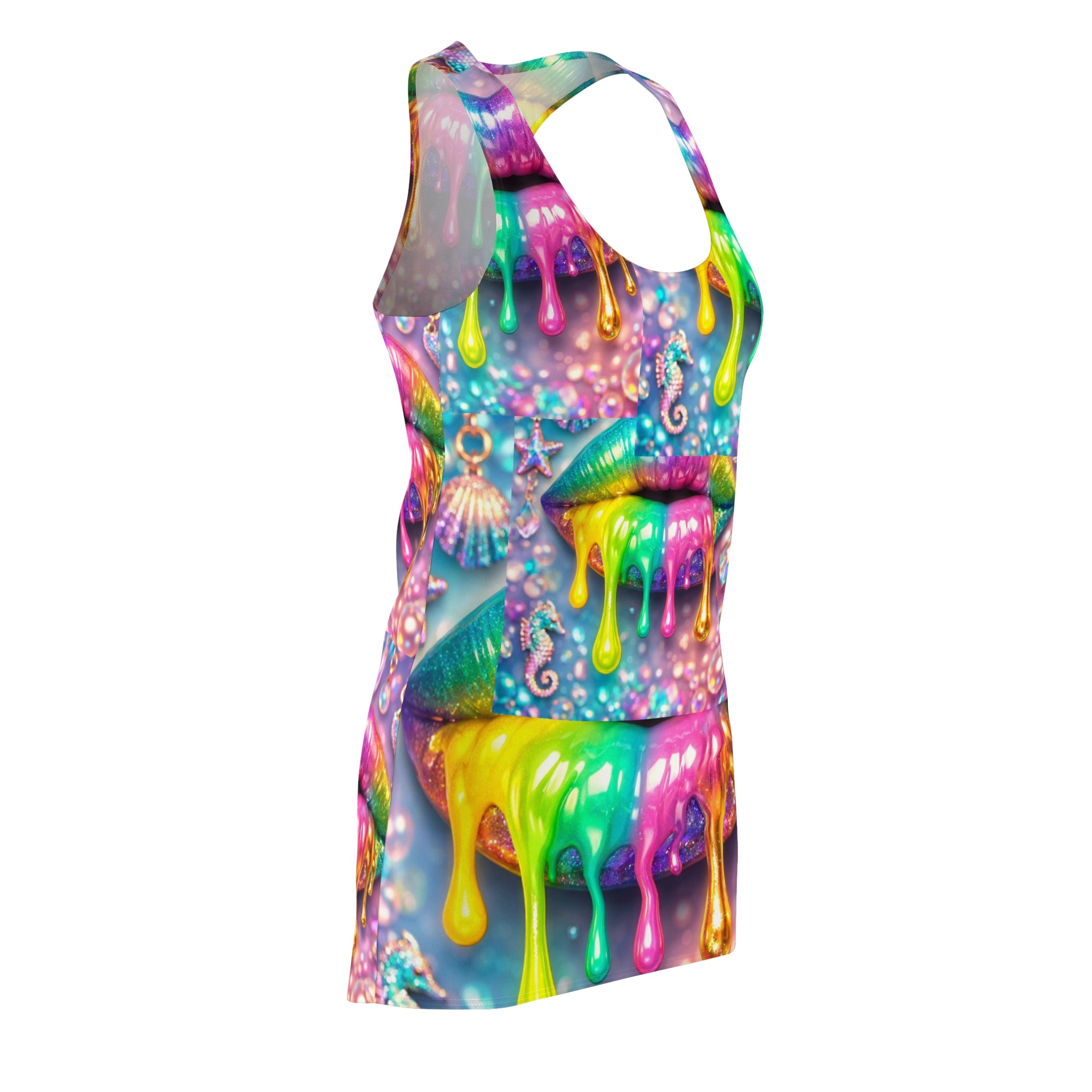 Rainbow Drip Lip Racerback Dress — Vibrant Colorful All-Over-Print Sundress