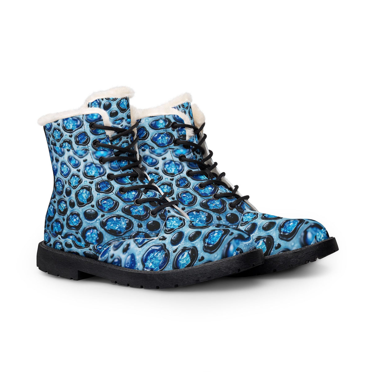 Women's Blue Gemstone Print Fur-Lined Leather Boots