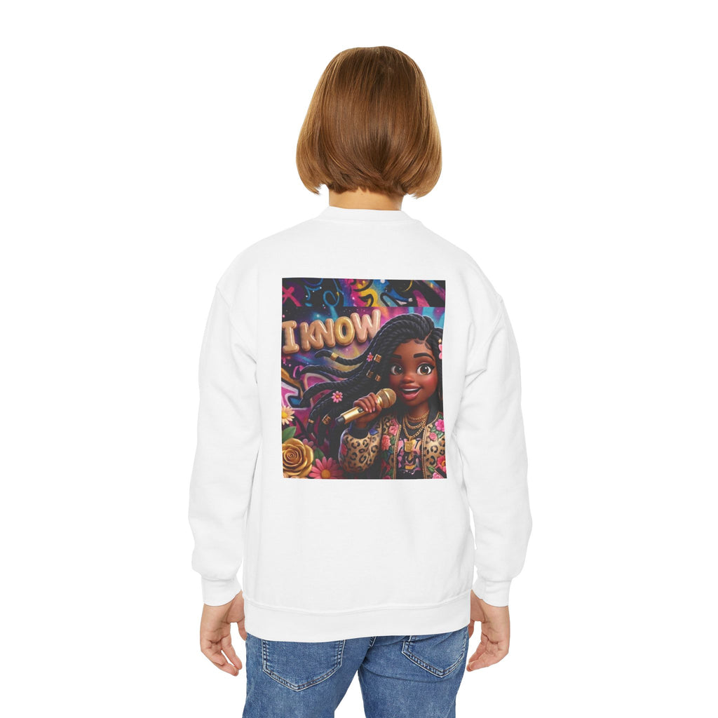 Youth Crewneck Sweatshirt – Colorful “I Know” Singer Character Design