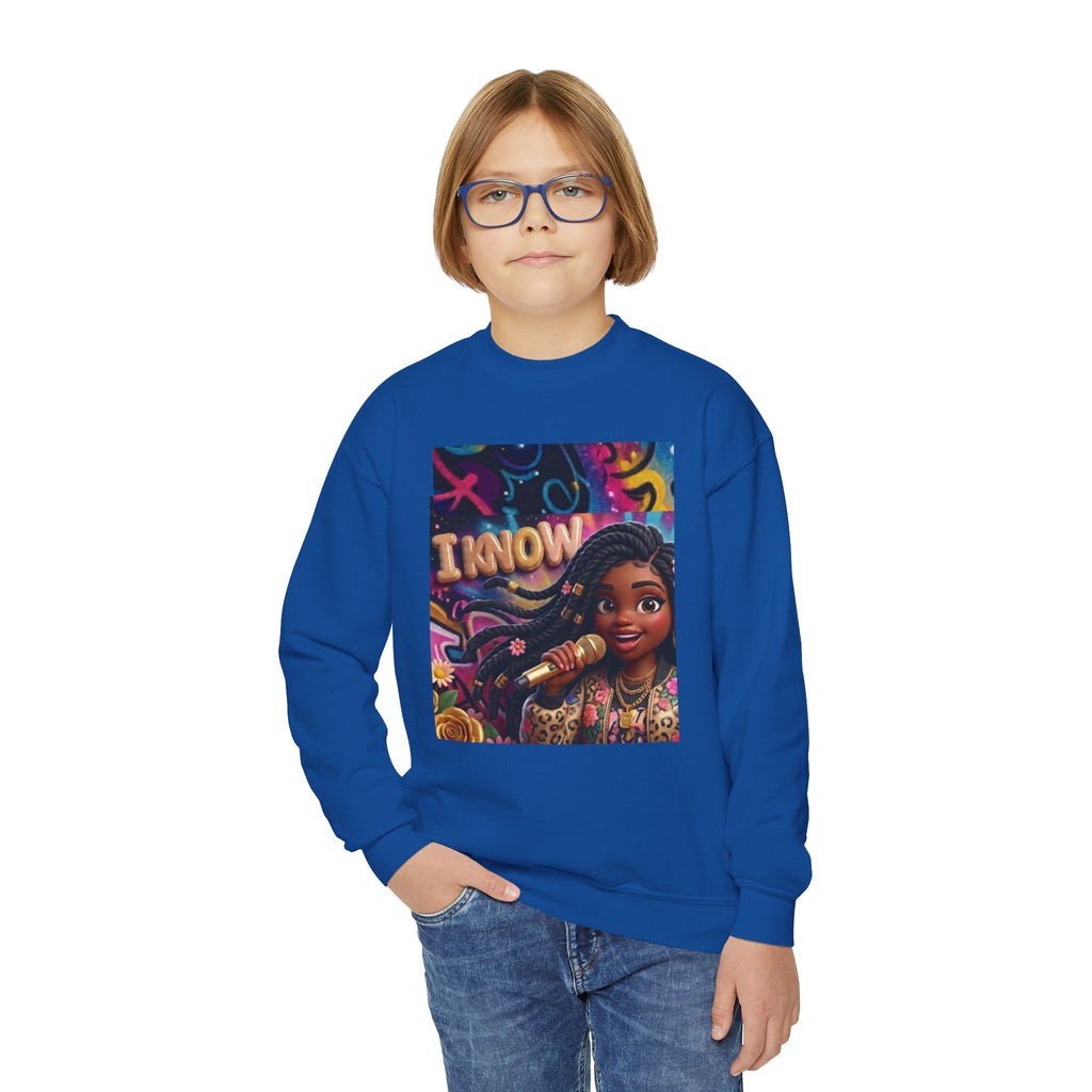 Youth Crewneck Sweatshirt – Colorful “I Know” Singer Character Design