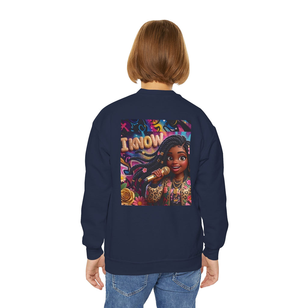 Youth Crewneck Sweatshirt – Colorful “I Know” Singer Character Design