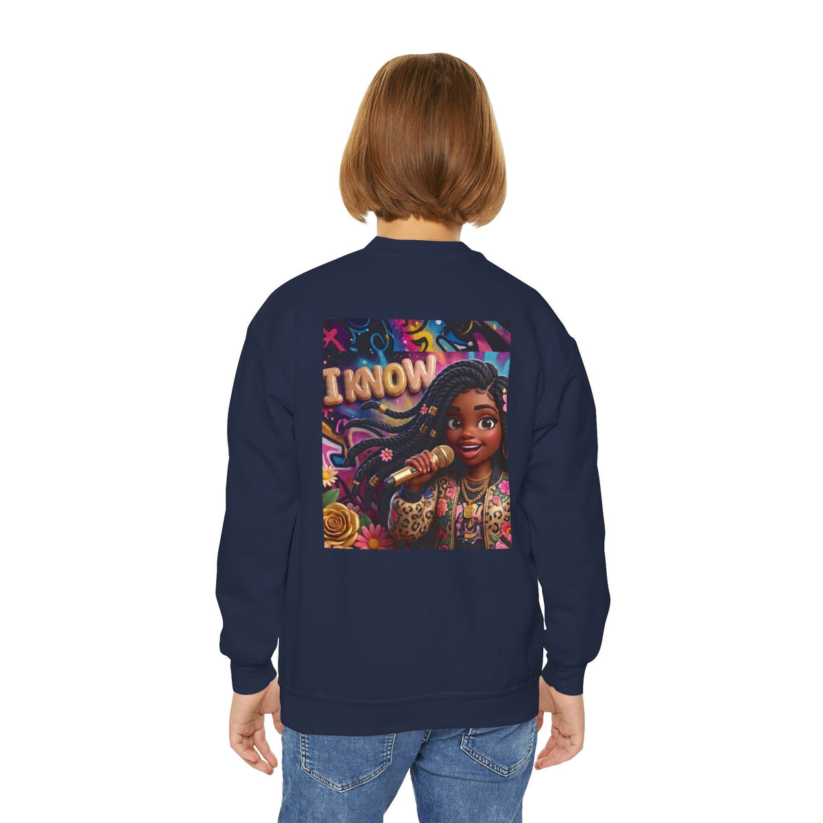 Youth Crewneck Sweatshirt – Colorful “I Know” Singer Character Design