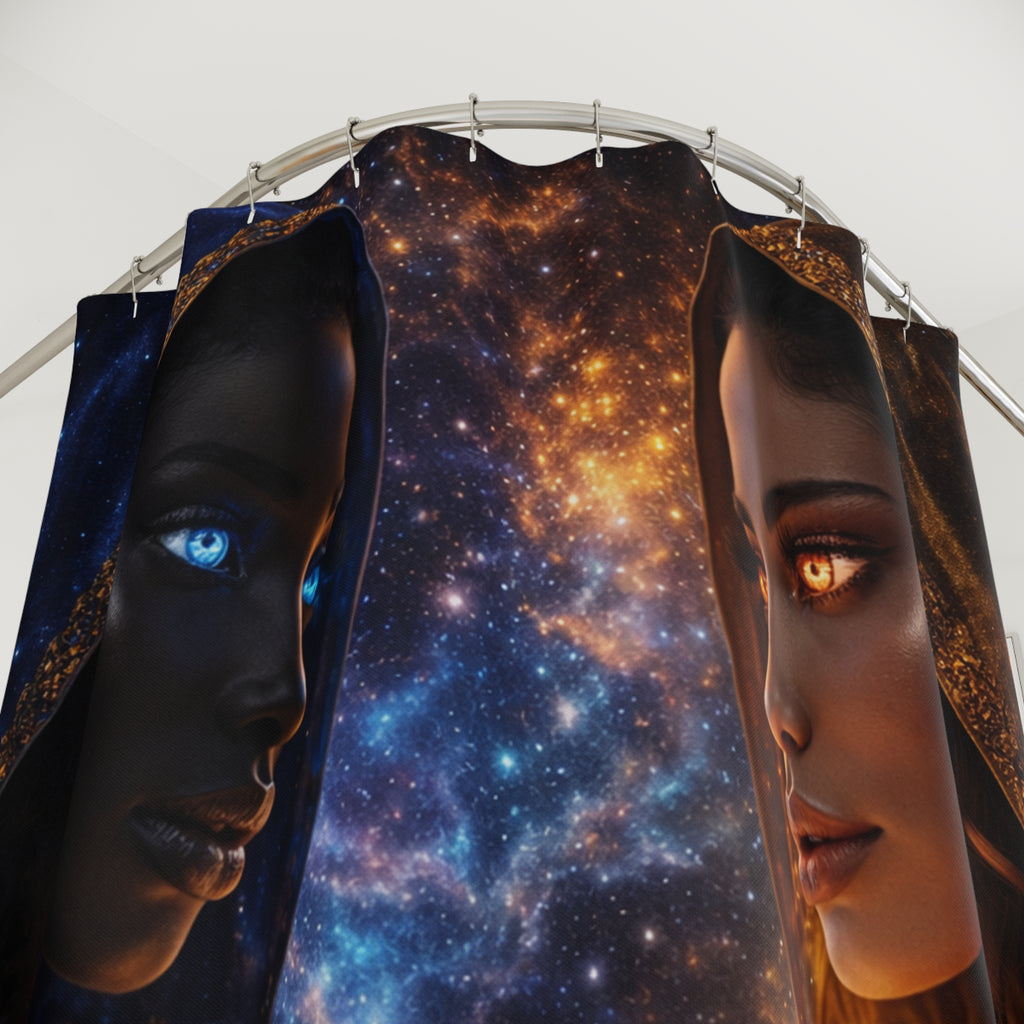Shower Curtain — Cosmic Mothers of Earth Design (Celestial Duality, Pregnancy Orbit)