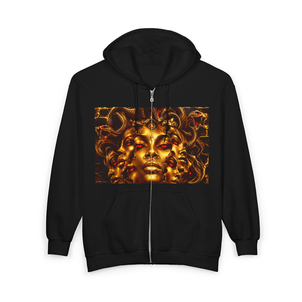 Medusa Gold Face Zip Hoodie — Mythic Snake Hair Art Zip-Up Sweatshirt