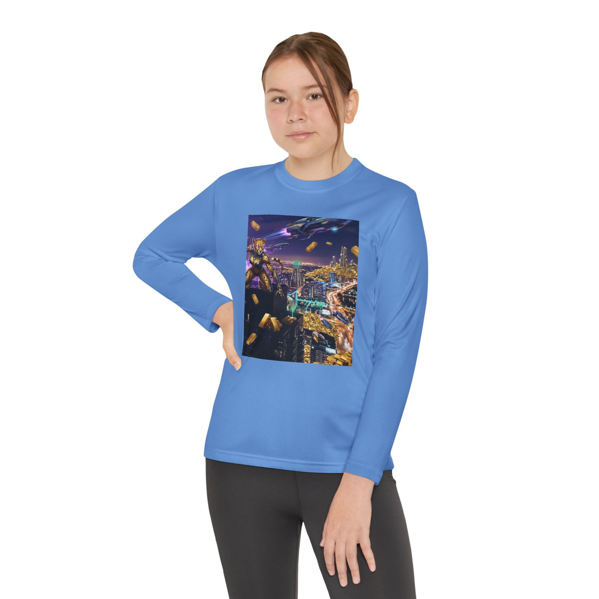 Youth Long Sleeve Tee – Colorful Night Cityscape Graphic Shirt