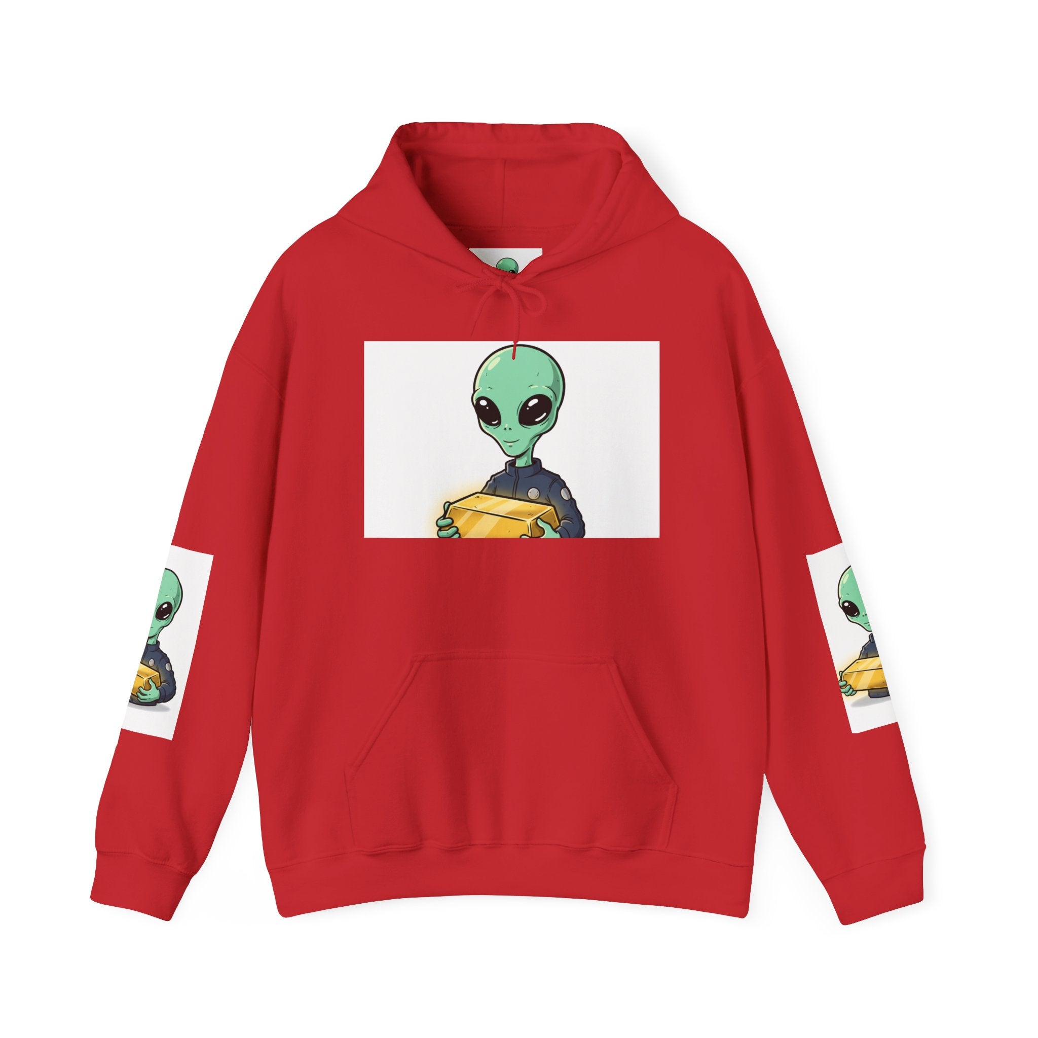 Alien Holding Gold Hoodie — "WE ARE HERE!!" Graphic Sweatshirt