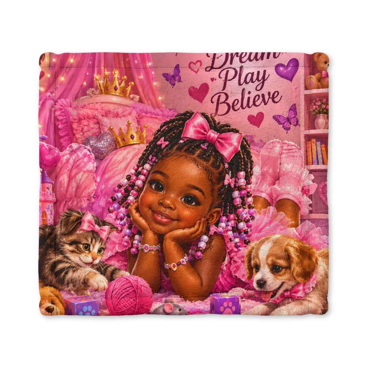 Minky Baby Lovey Blanket – Black Princess “Dream, Play, Believe” Pink Cuddle Blanket