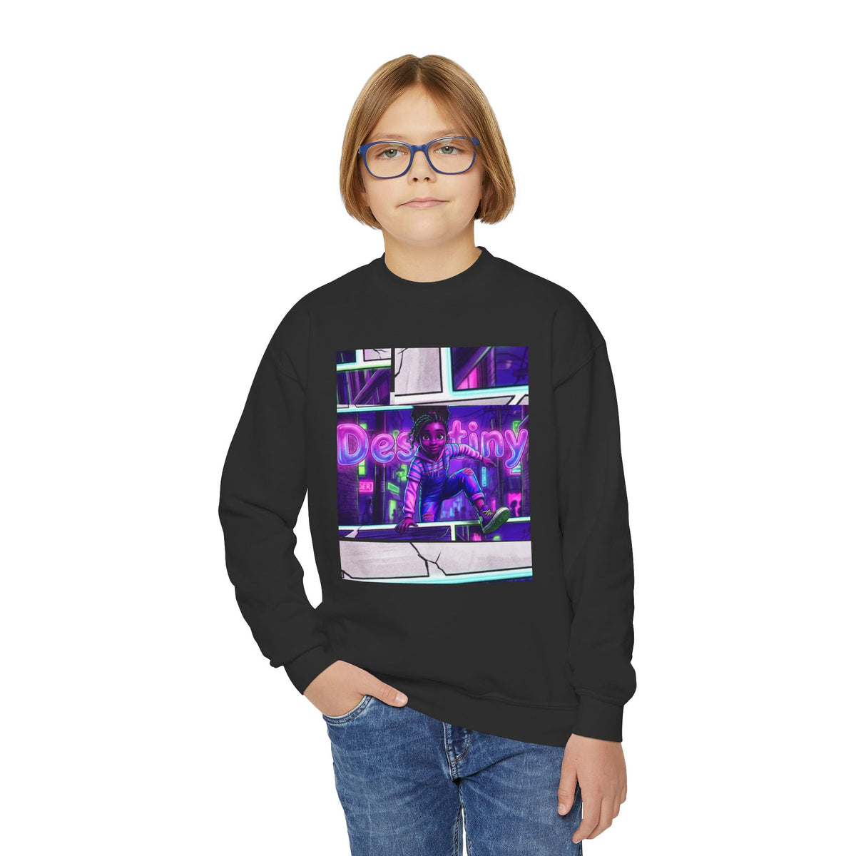 Youth “Destiny” Retro Neon Graphic Crewneck Sweatshirt