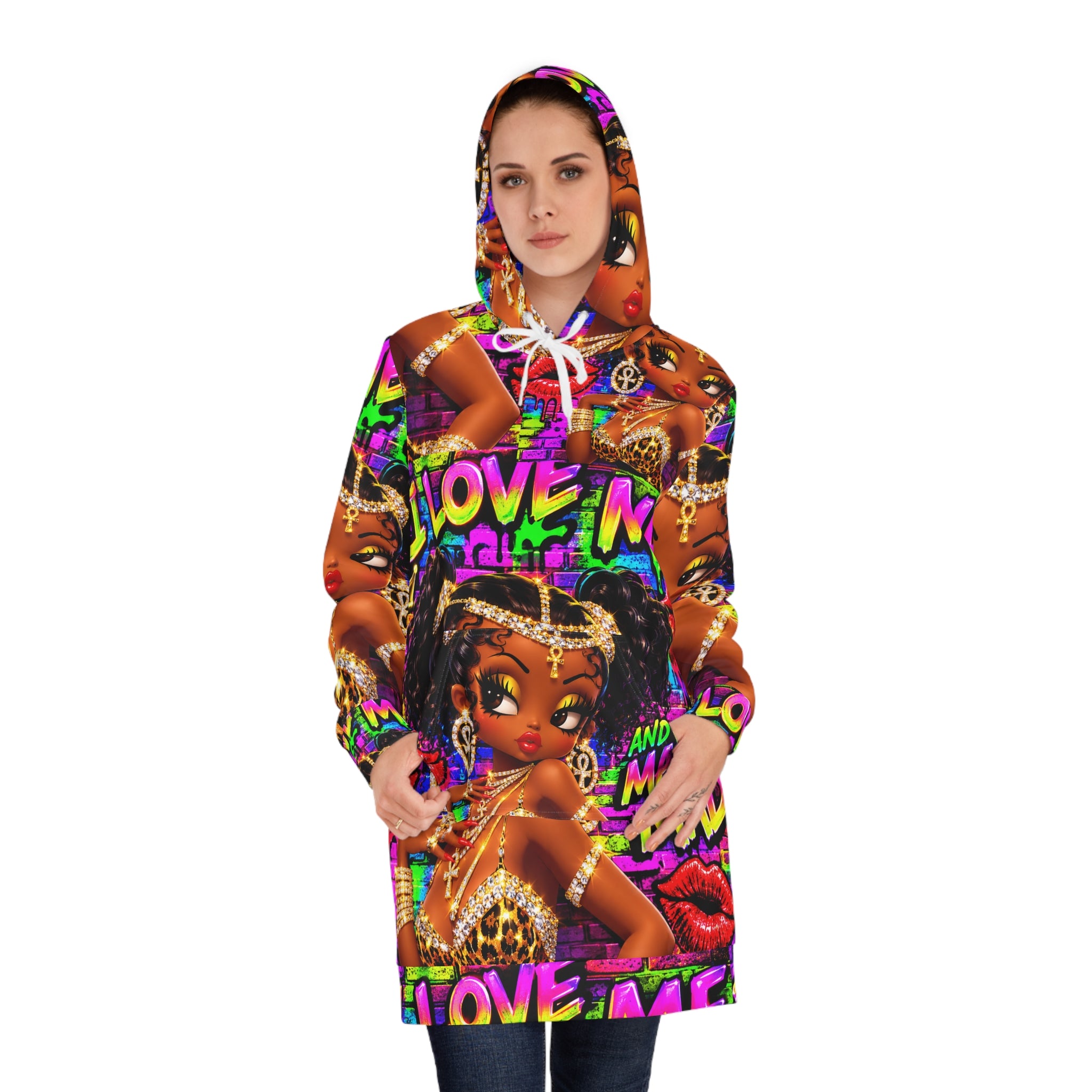 Graphic Hoodie Dress — Colorful 'Love Me' Afrocentric Streetwear Dress