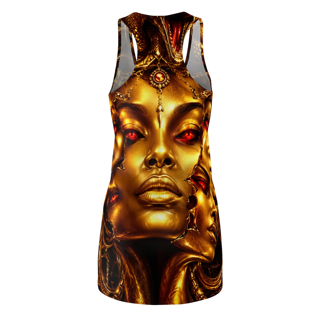 Gold Goddess Racerback Dress – All-Over Print Mystical Face
