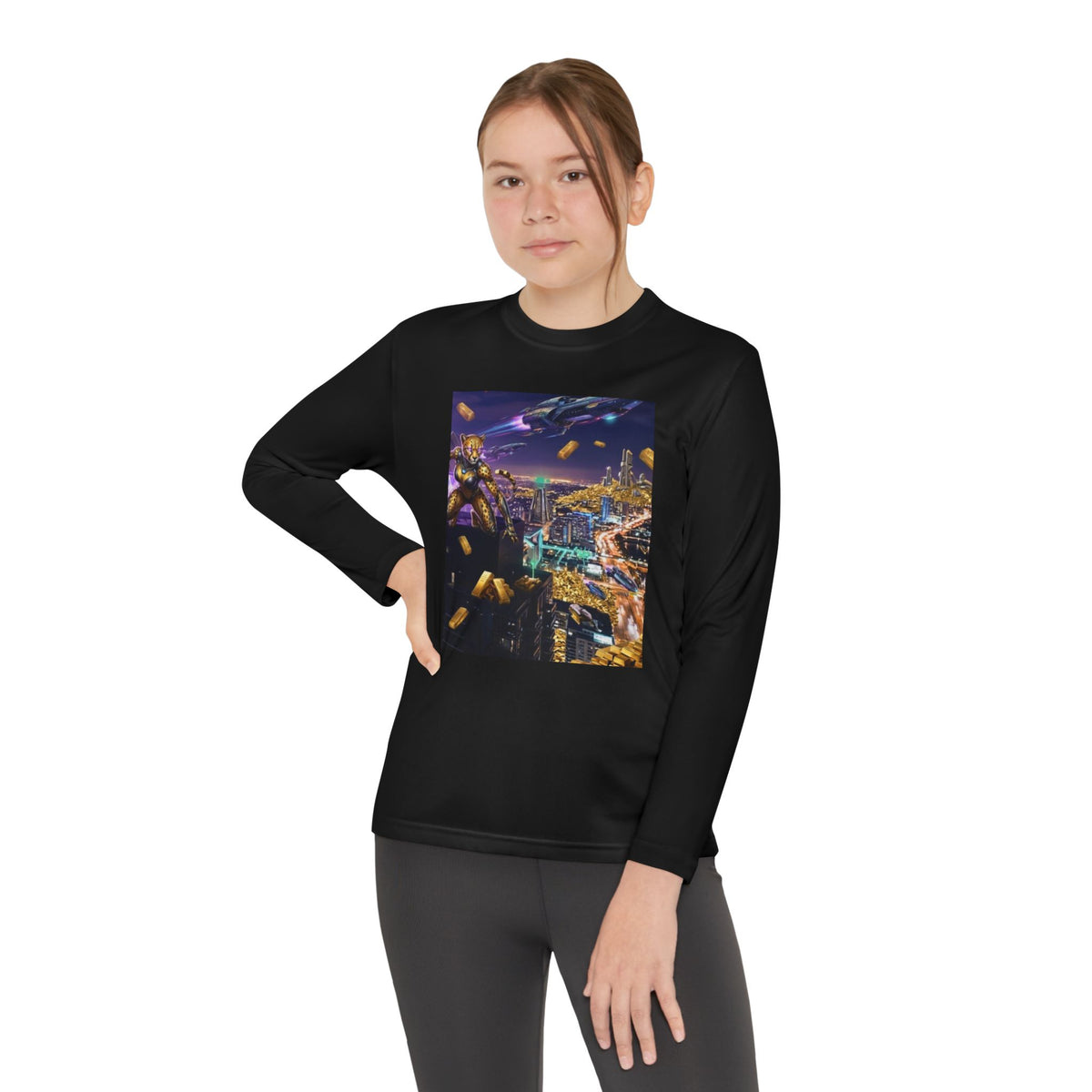 Youth Long Sleeve Tee – Colorful Night Cityscape Graphic Shirt