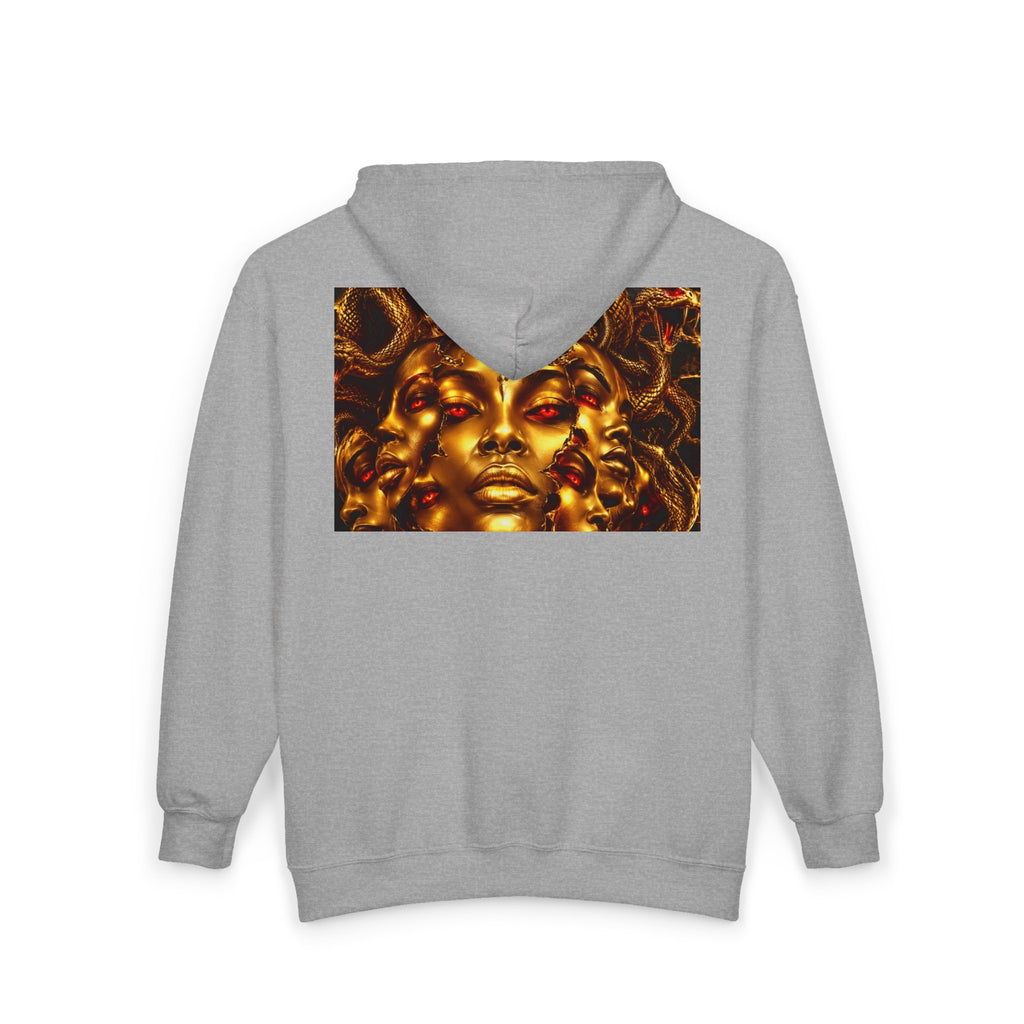 Medusa Gold Face Zip Hoodie — Mythic Snake Hair Art Zip-Up Sweatshirt