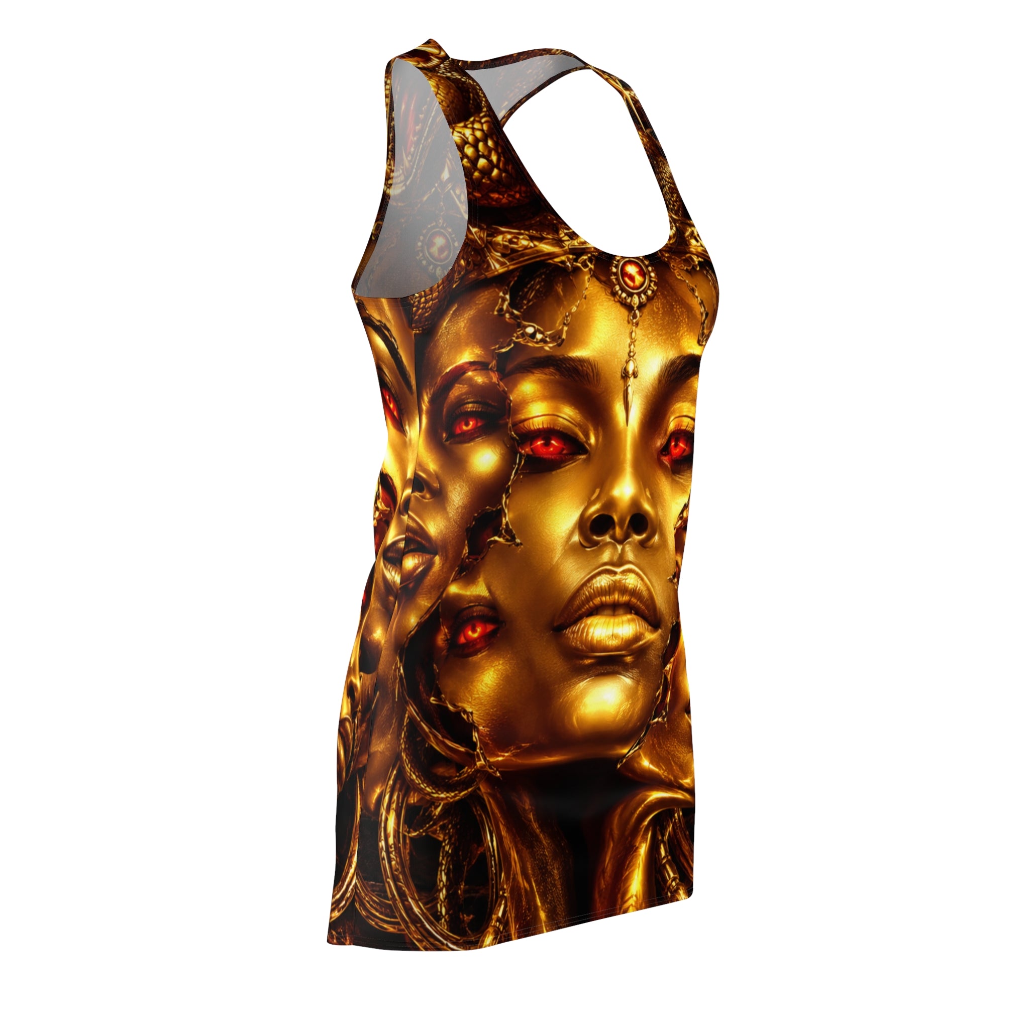 Gold Goddess Racerback Dress – All-Over Print Mystical Face