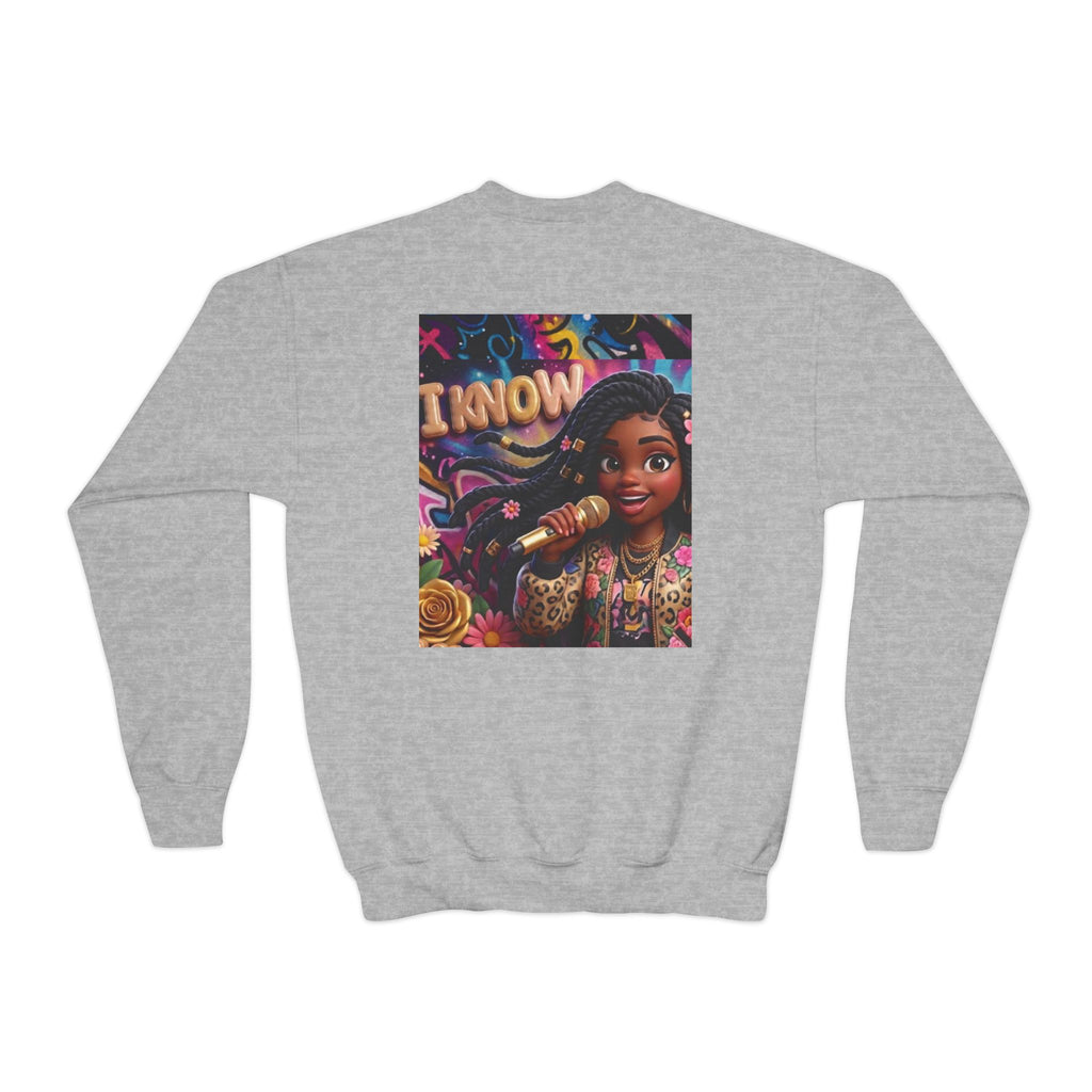 Youth Crewneck Sweatshirt – Colorful “I Know” Singer Character Design