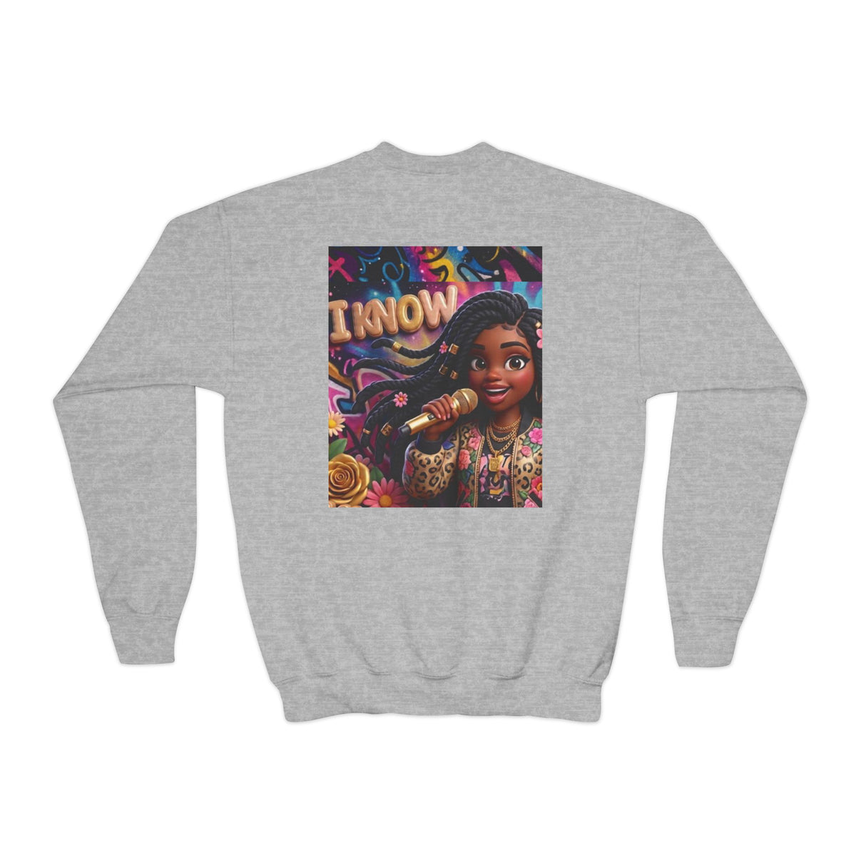 Youth Crewneck Sweatshirt – Colorful “I Know” Singer Character Design