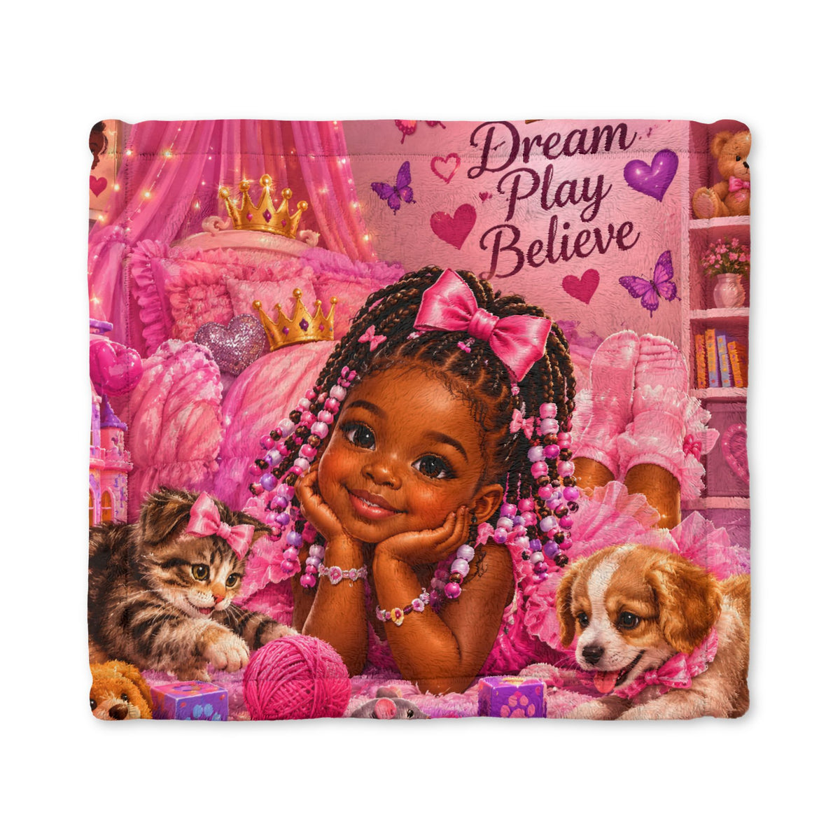 Minky Baby Lovey Blanket – Black Princess “Dream, Play, Believe” Pink Cuddle Blanket