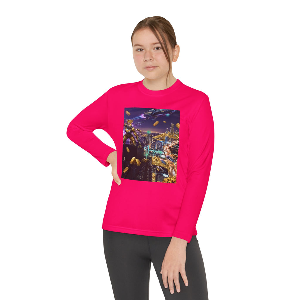 Youth Long Sleeve Tee – Colorful Night Cityscape Graphic Shirt