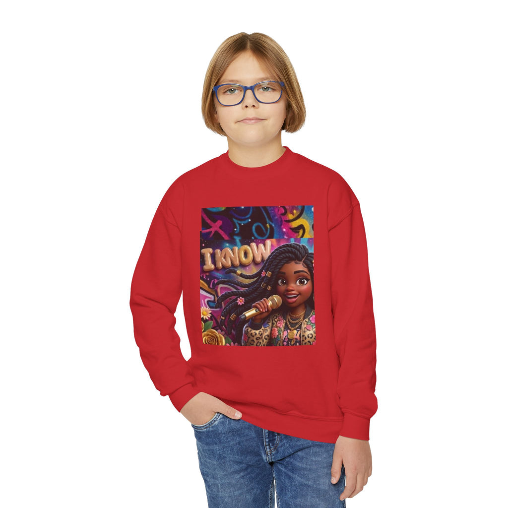 Youth Crewneck Sweatshirt – Colorful “I Know” Singer Character Design