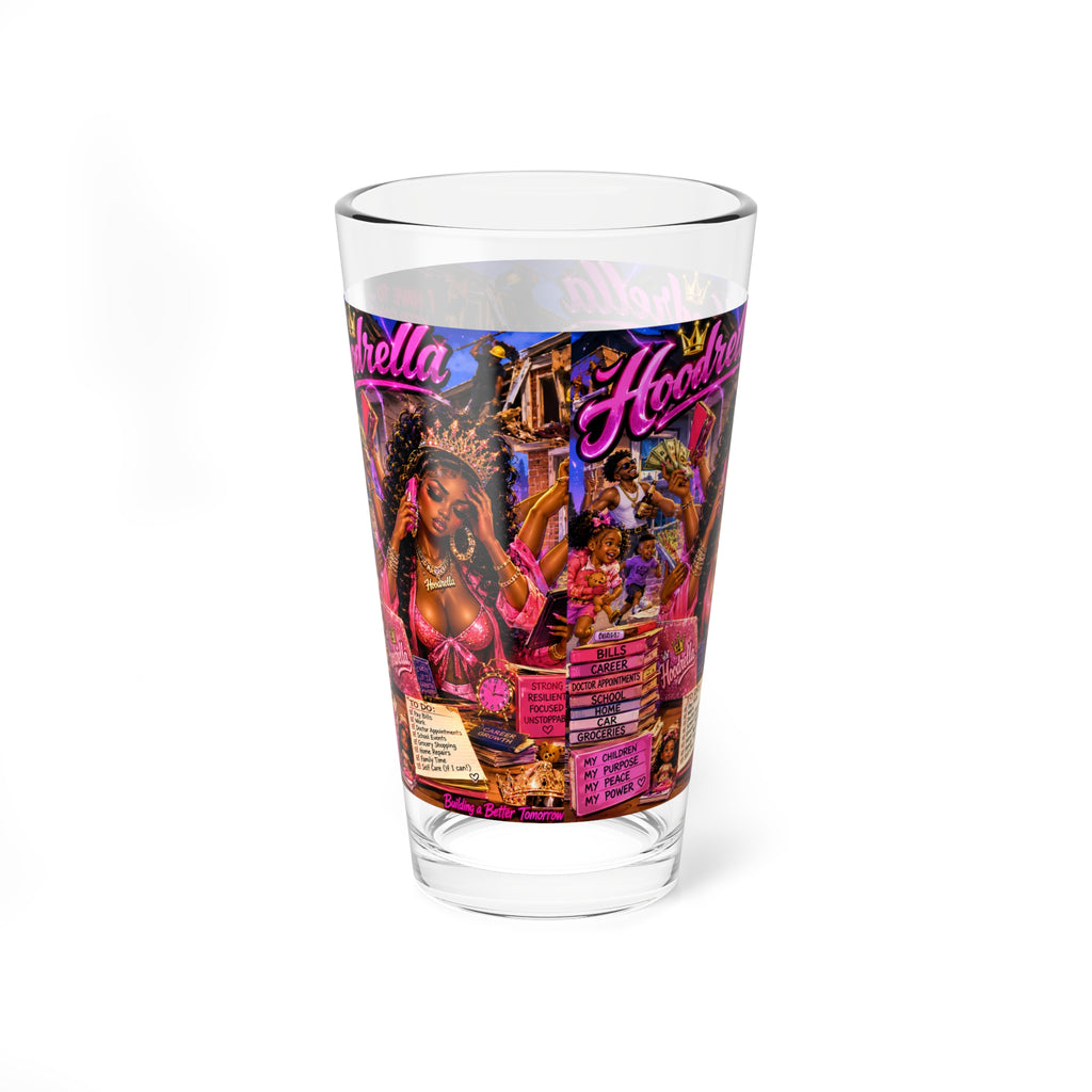 Hoodrella Collage 16oz Mixing Glass — Vibrant Urban Cocktail & Bar Pint