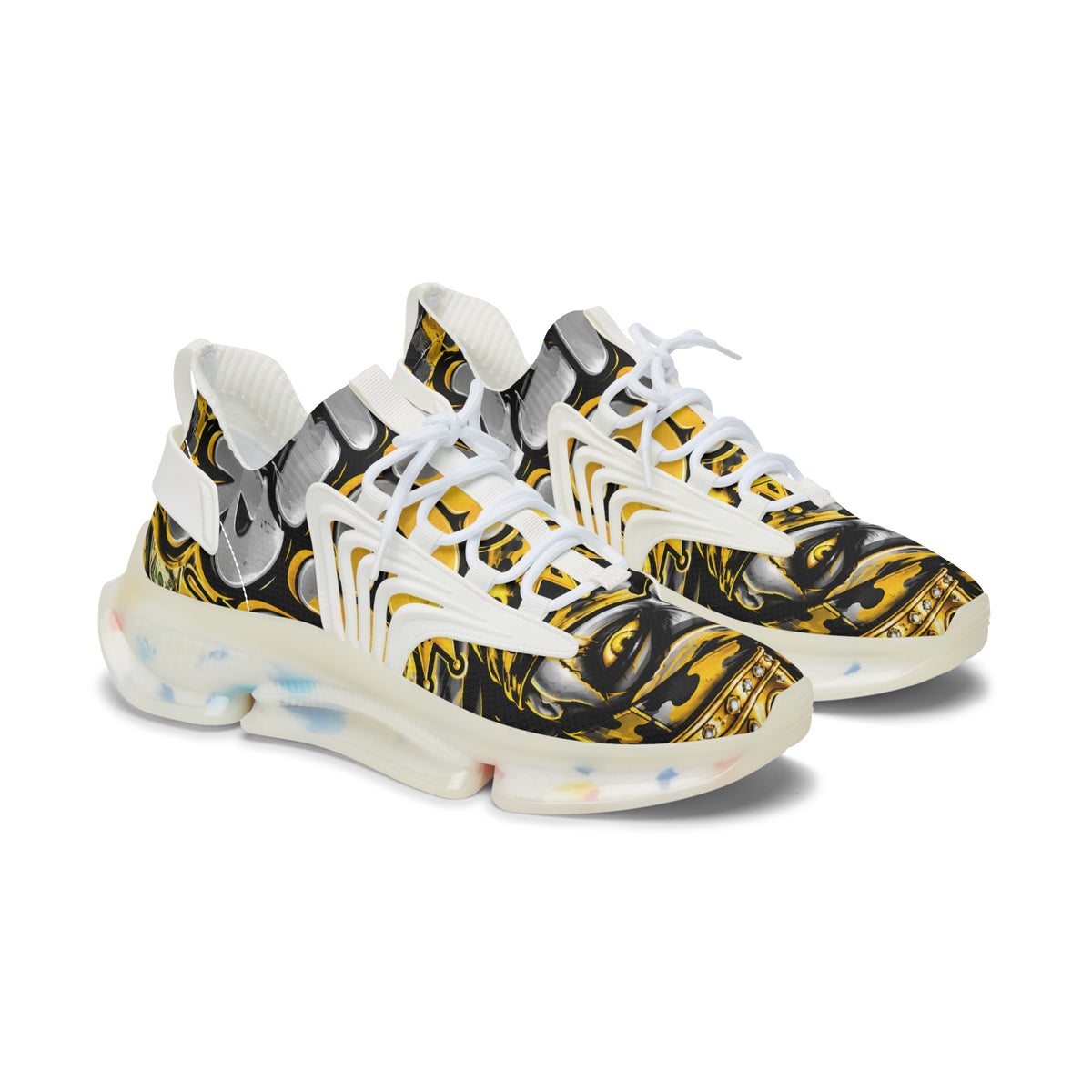 Women's Mesh Sneakers – Bold Black, Gold & White Graphic Athletic Shoes
