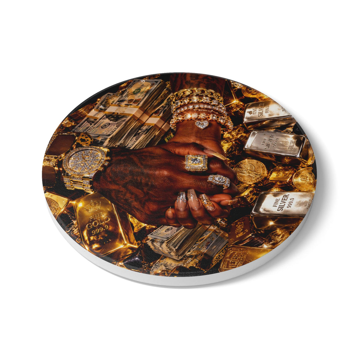 Glitter Heart Ceramic Coaster — Sparkling Gold Confetti Drink Coaster