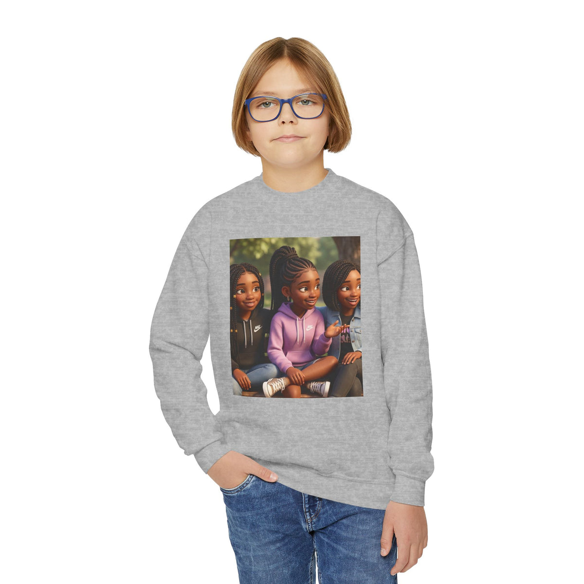 Youth Crewneck Sweatshirt Featuring Diverse Best Friends Illustration