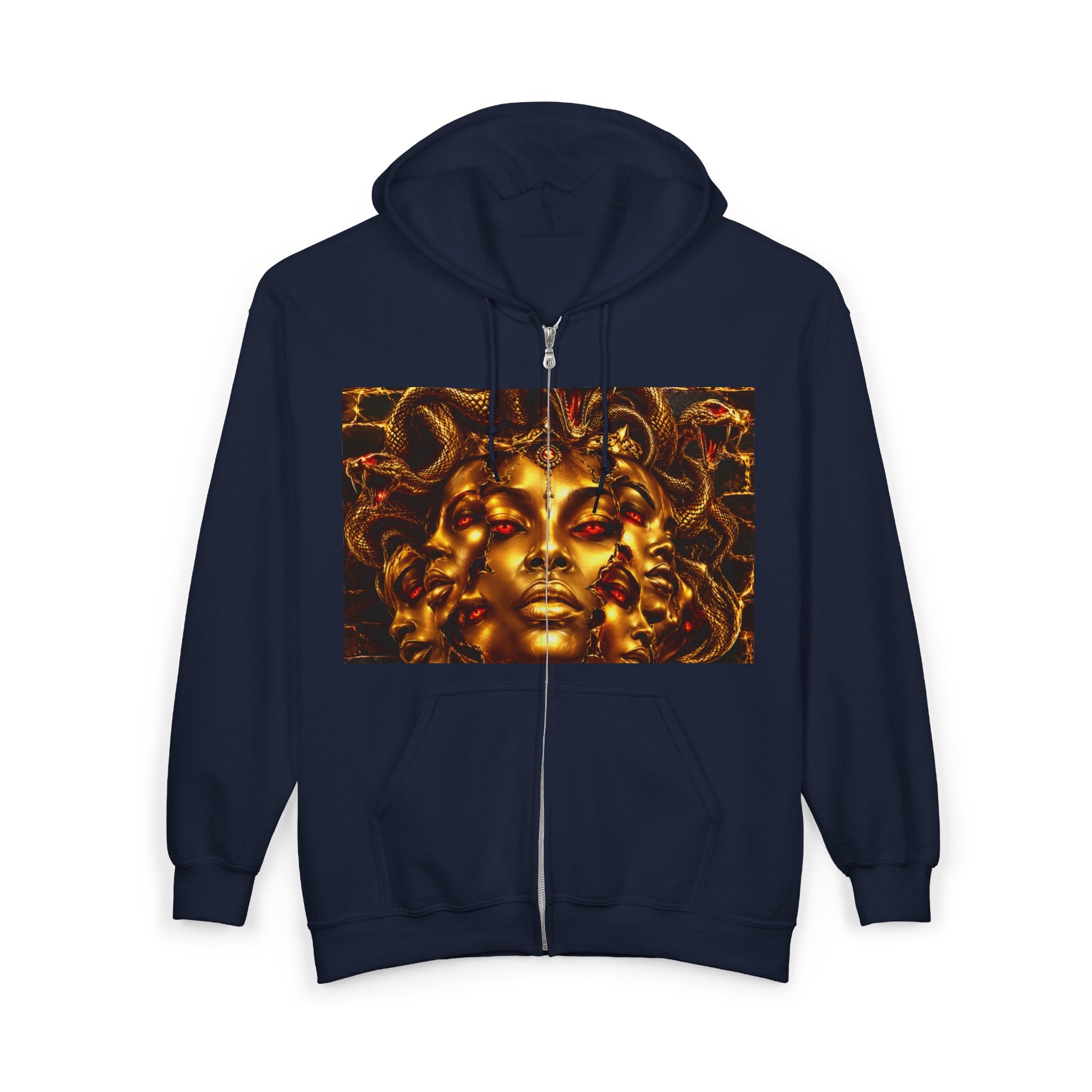 Medusa Gold Face Zip Hoodie — Mythic Snake Hair Art Zip-Up Sweatshirt
