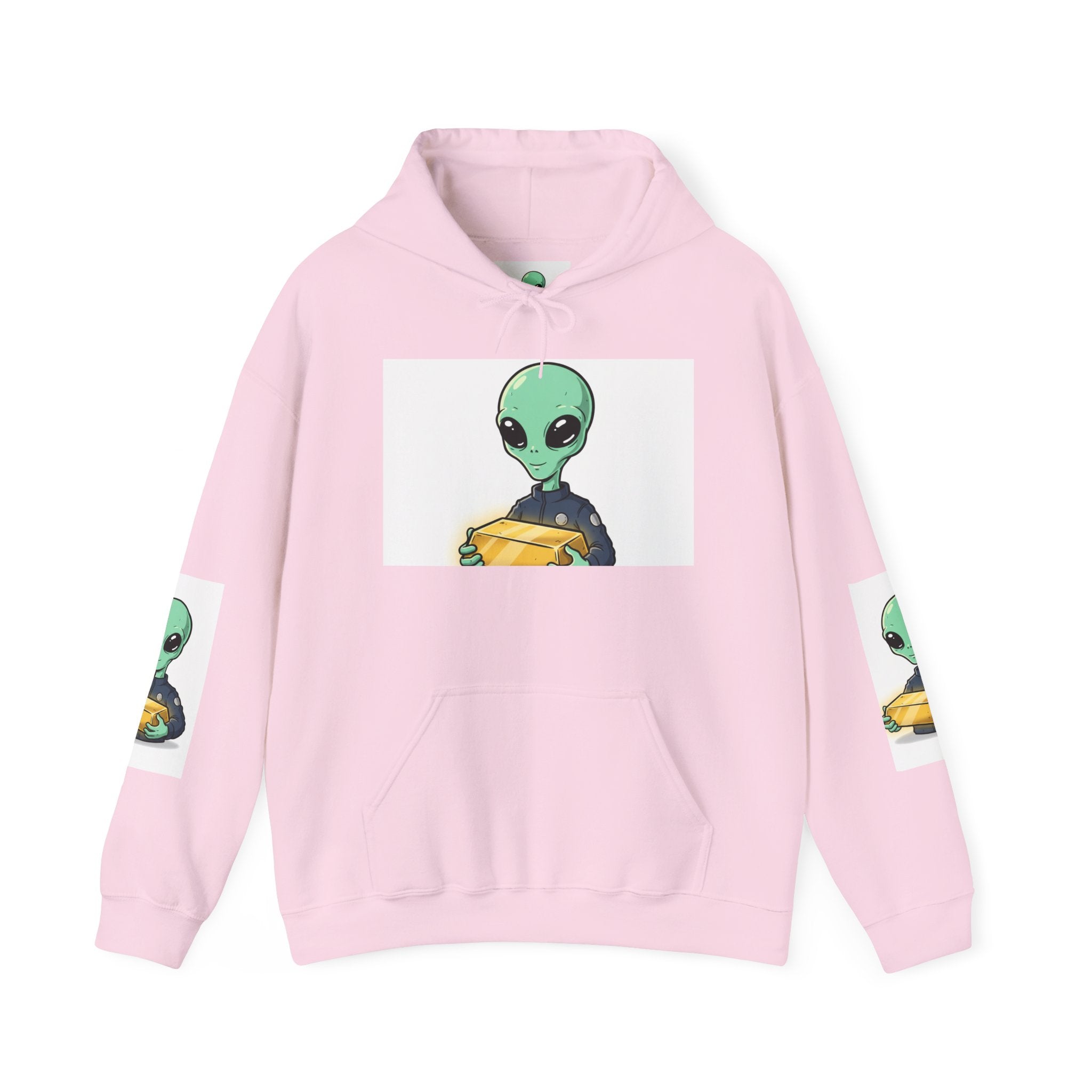 Alien Holding Gold Hoodie — "WE ARE HERE!!" Graphic Sweatshirt