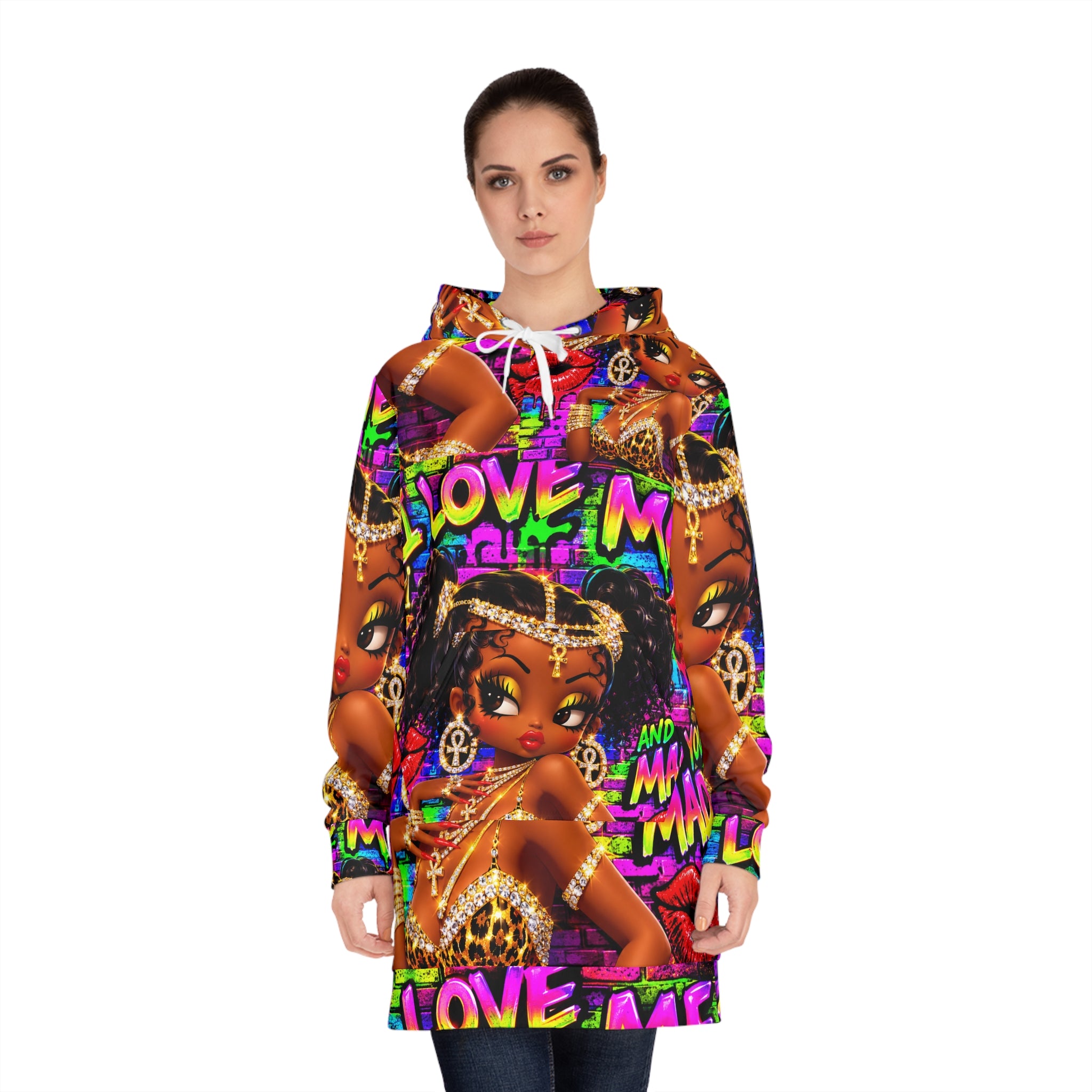 Graphic Hoodie Dress — Colorful 'Love Me' Afrocentric Streetwear Dress