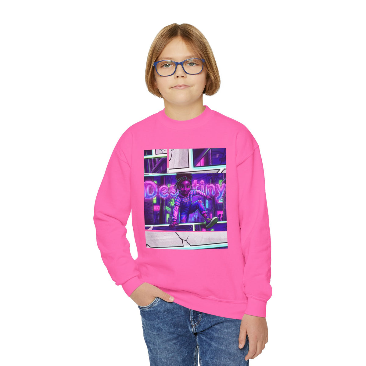 Youth “Destiny” Retro Neon Graphic Crewneck Sweatshirt
