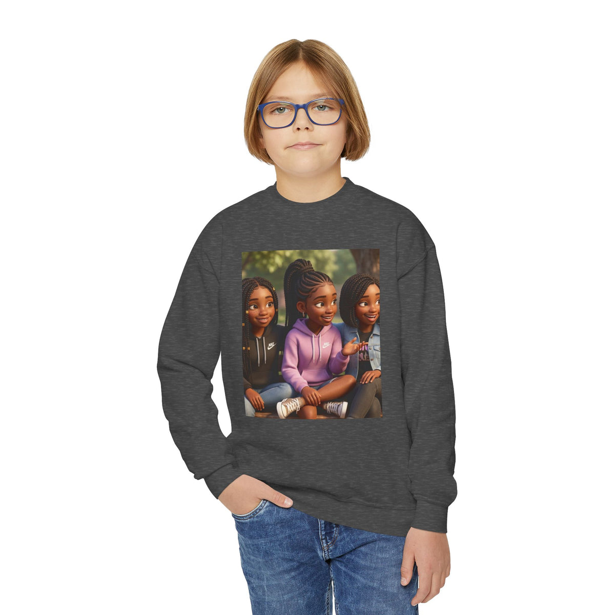 Youth Crewneck Sweatshirt Featuring Diverse Best Friends Illustration