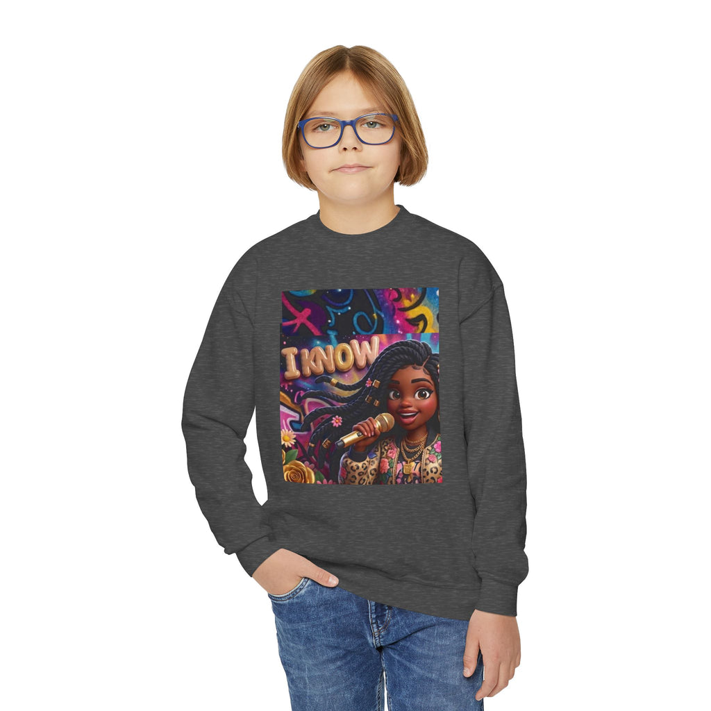 Youth Crewneck Sweatshirt – Colorful “I Know” Singer Character Design