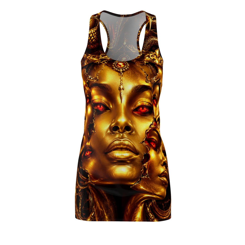 Gold Goddess Racerback Dress – All-Over Print Mystical Face