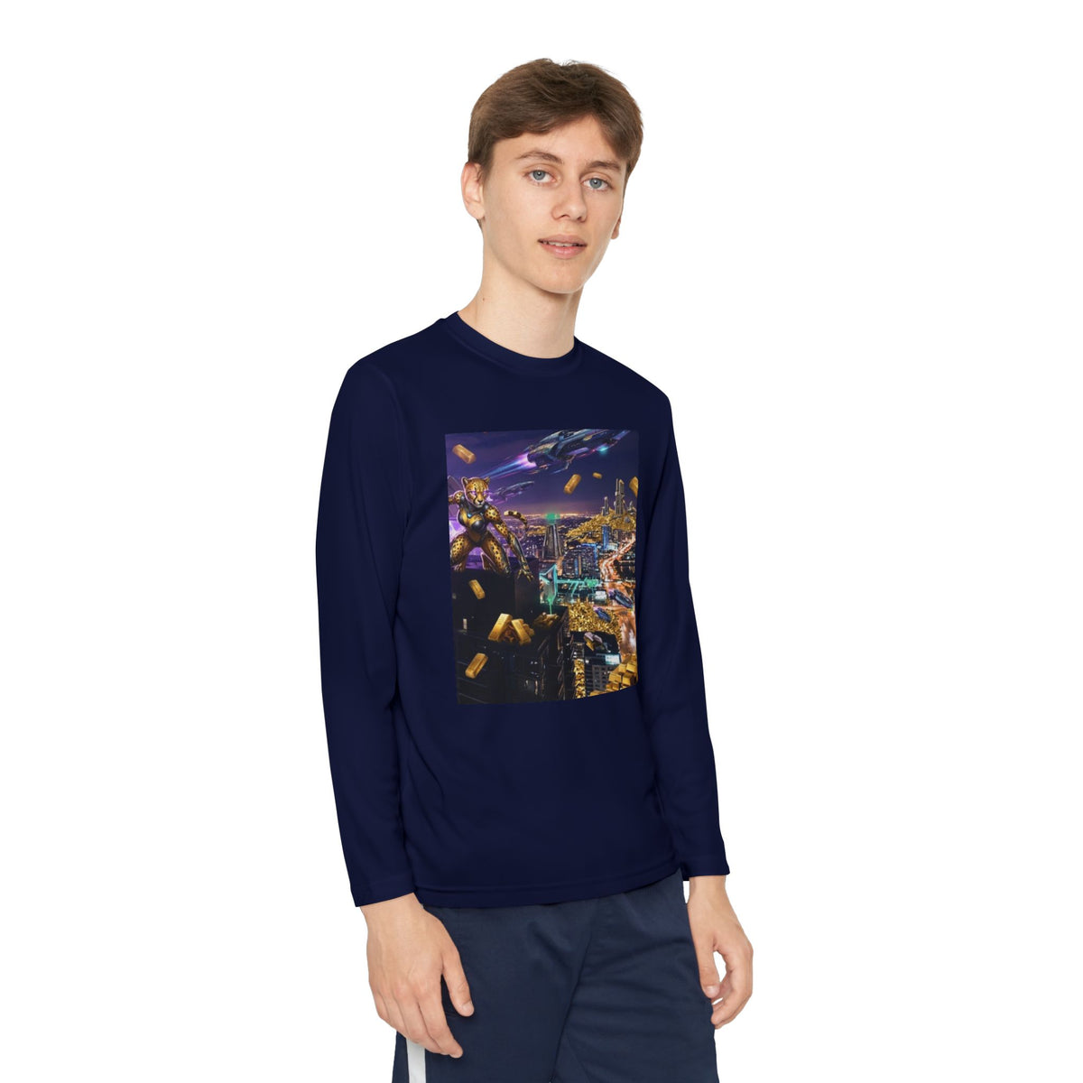 Youth Long Sleeve Tee – Colorful Night Cityscape Graphic Shirt