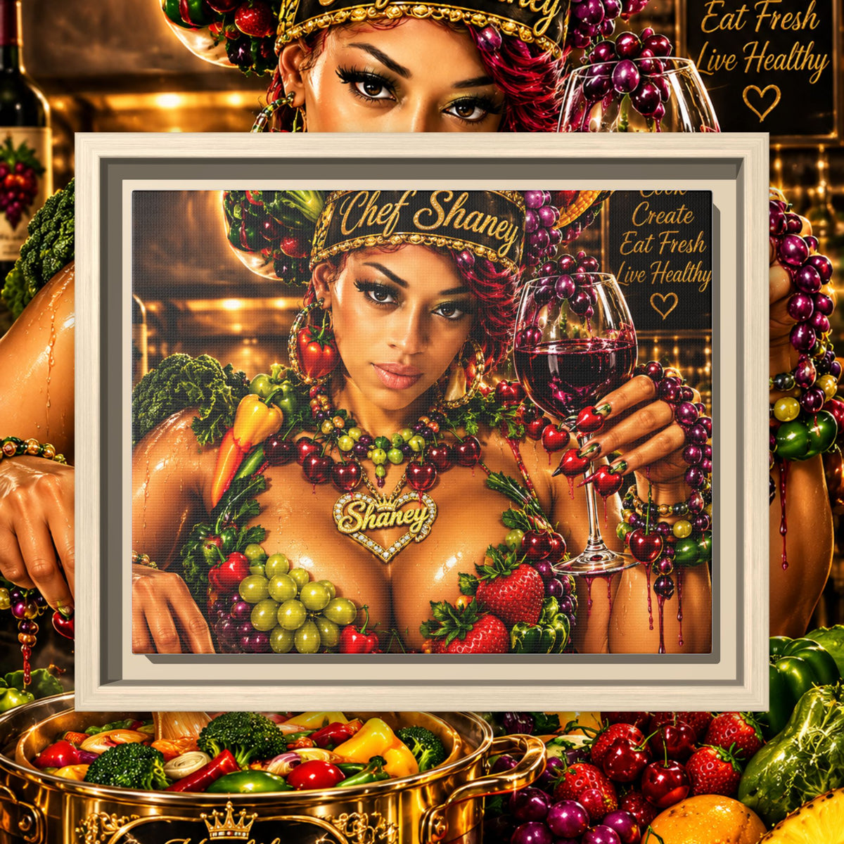 Chef Shaney Fruit Goddess Matte Framed Canvas — "Eat Fresh Live Healthy" Kitchen Wall Art