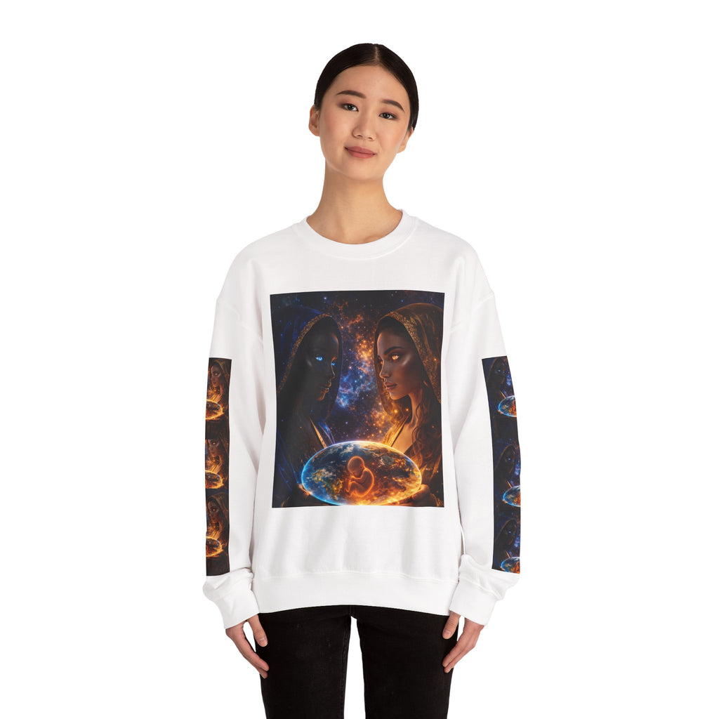Crewneck Sweatshirt — Celestial Duality Artwork: Fire & Ice Sisters with Cosmic Orb
