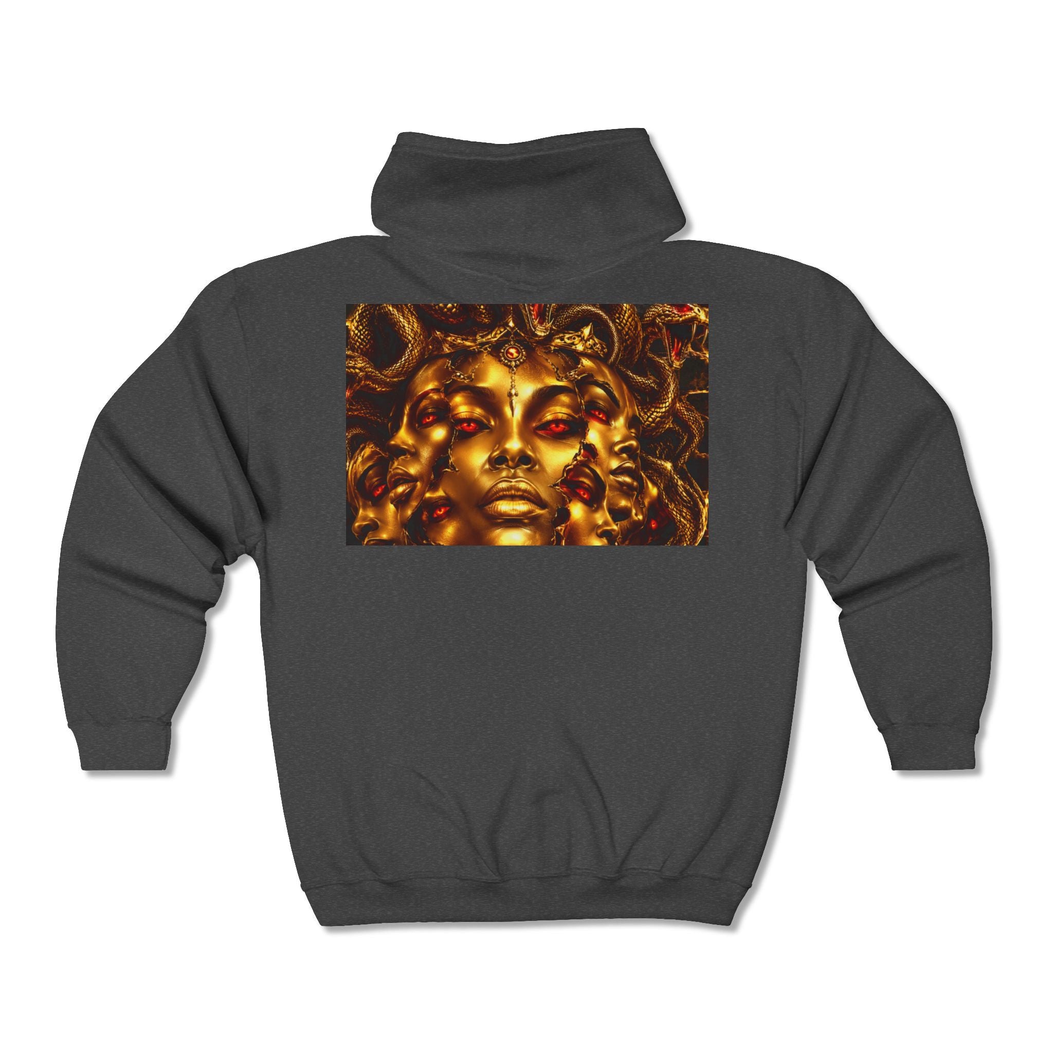Medusa Gold Face Zip Hoodie — Mythic Snake Hair Art Zip-Up Sweatshirt