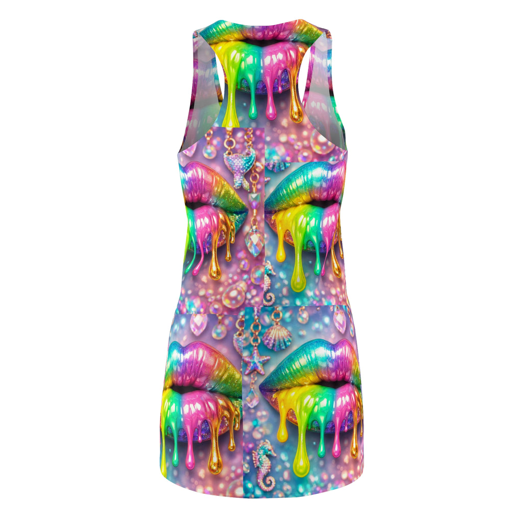 Rainbow Drip Lip Racerback Dress — Vibrant Colorful All-Over-Print Sundress